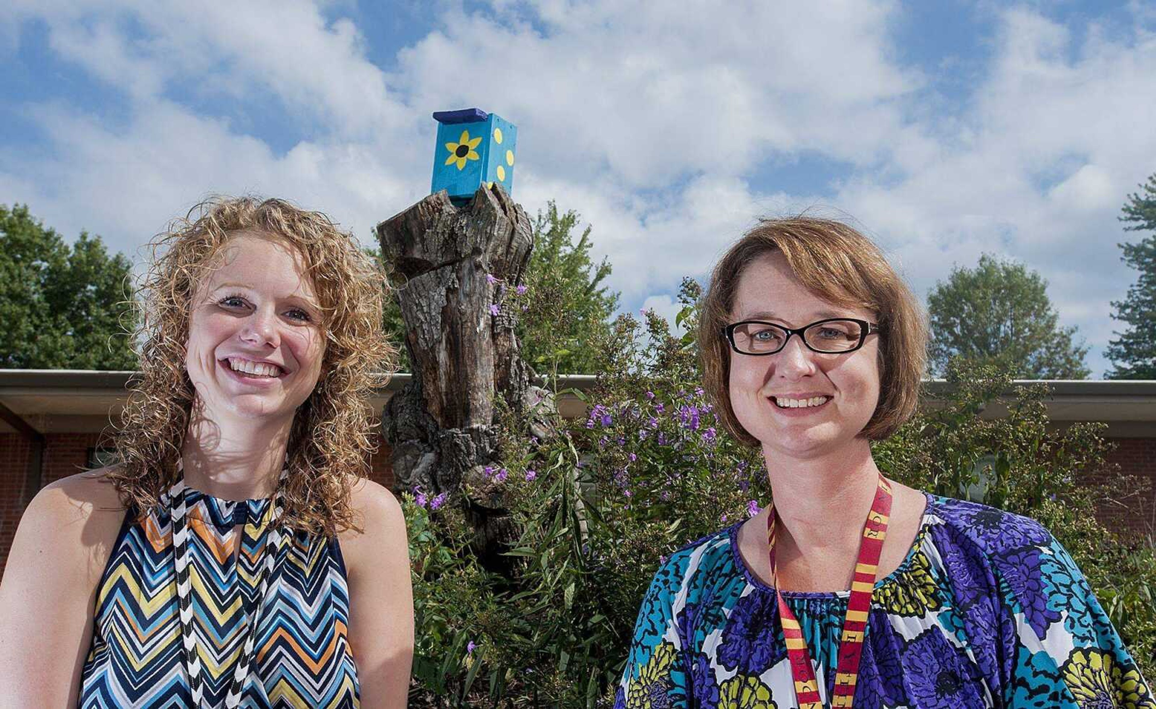 Erica Cooper, left, and Lori Vines stand in the new outdoor classroom at Alma Schrader Elementary School in Cape Girardeau on Thursday. (Adam Vogler)