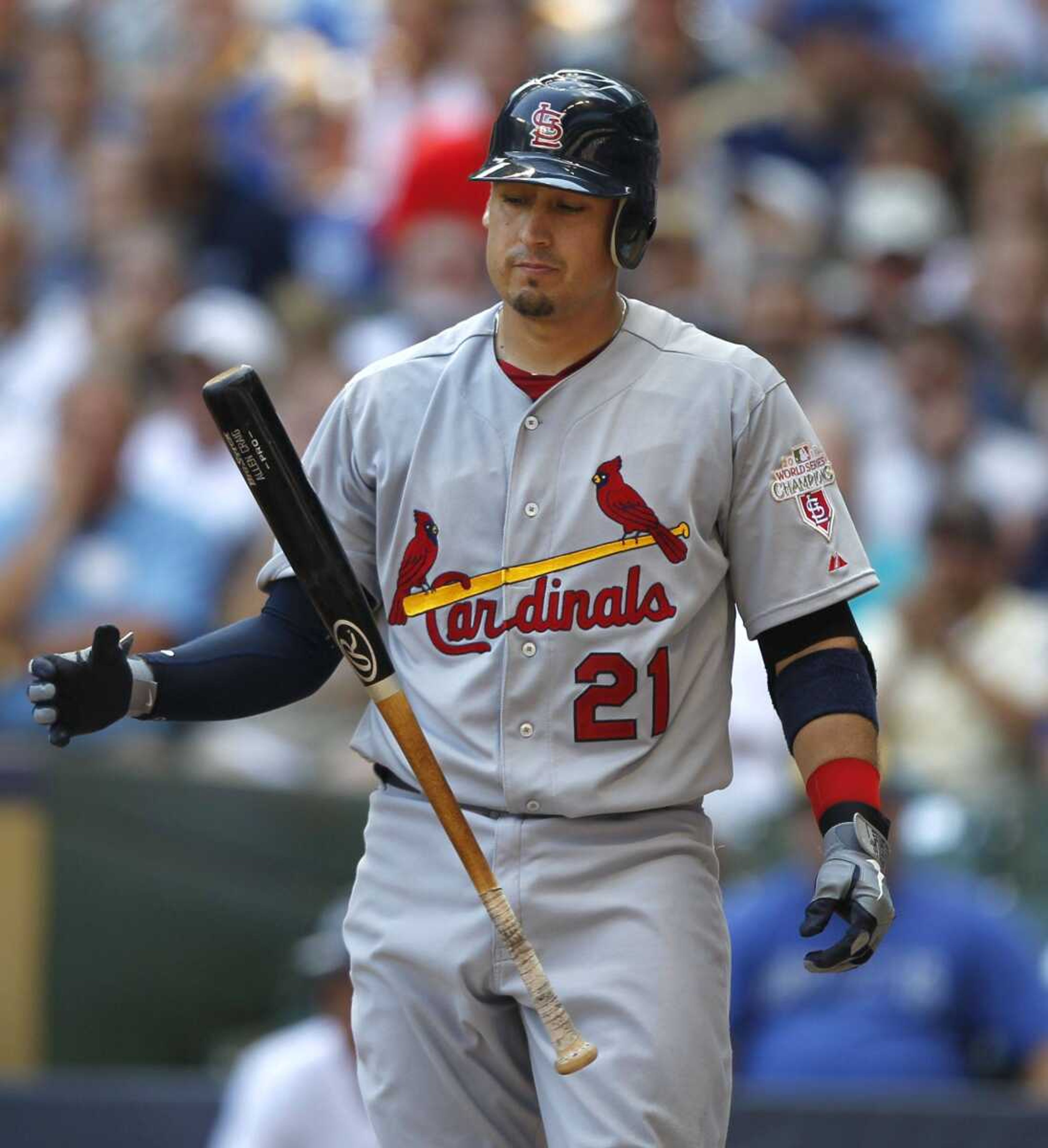 Cardinals outfielder Allen Craig reacts after striking out during the seventh inning Wednesday in Milwaukee. (JEFFREY PHELPS ~ Associated Press)