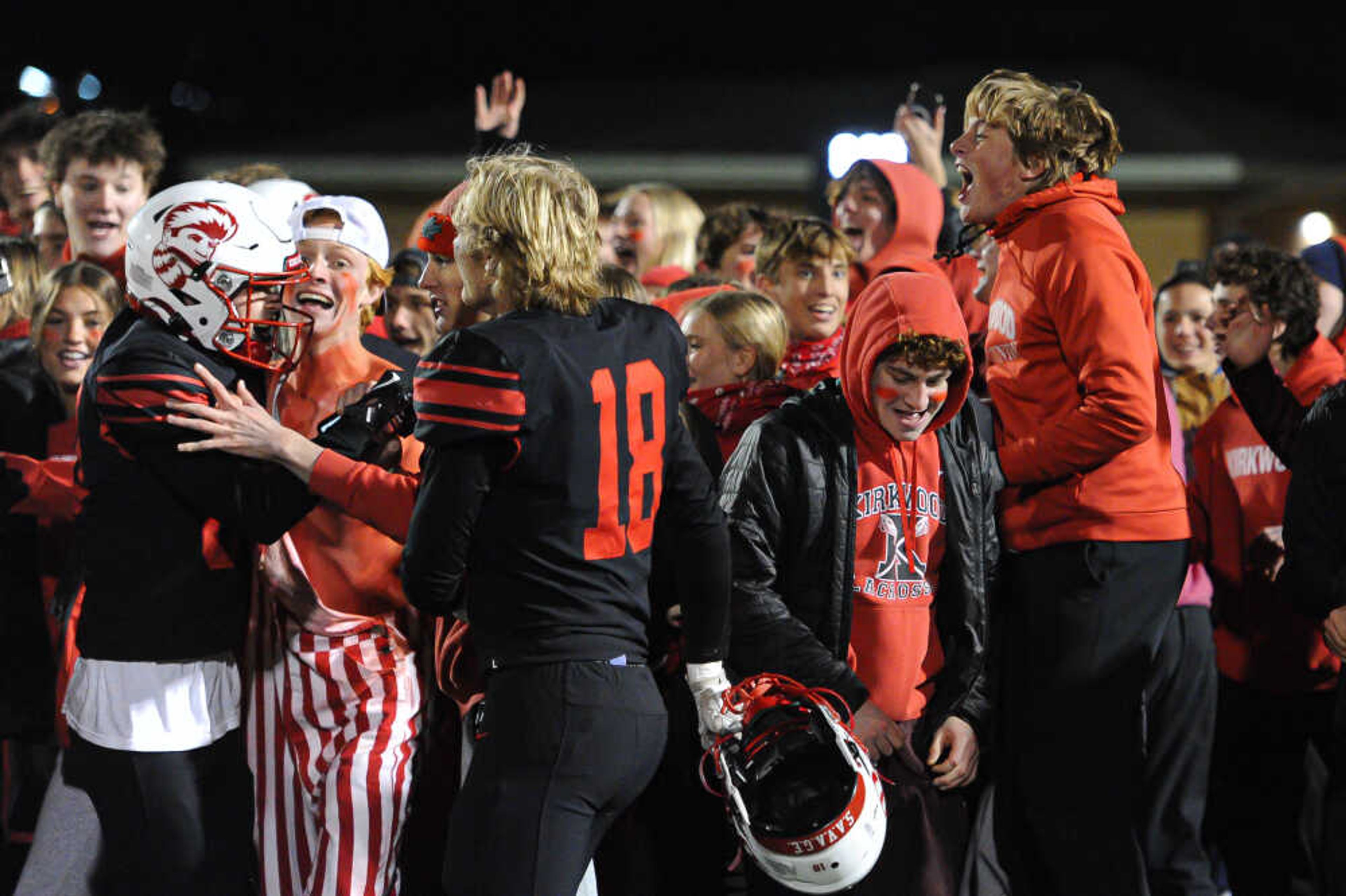 Kirkwood fans rush the field following an MSHSAA Class 6 quarterfinal 45-35 Kirkwood win over the Jackson Indians on Friday, Nov. 22, at Kirkwood High School in Kirkwood.