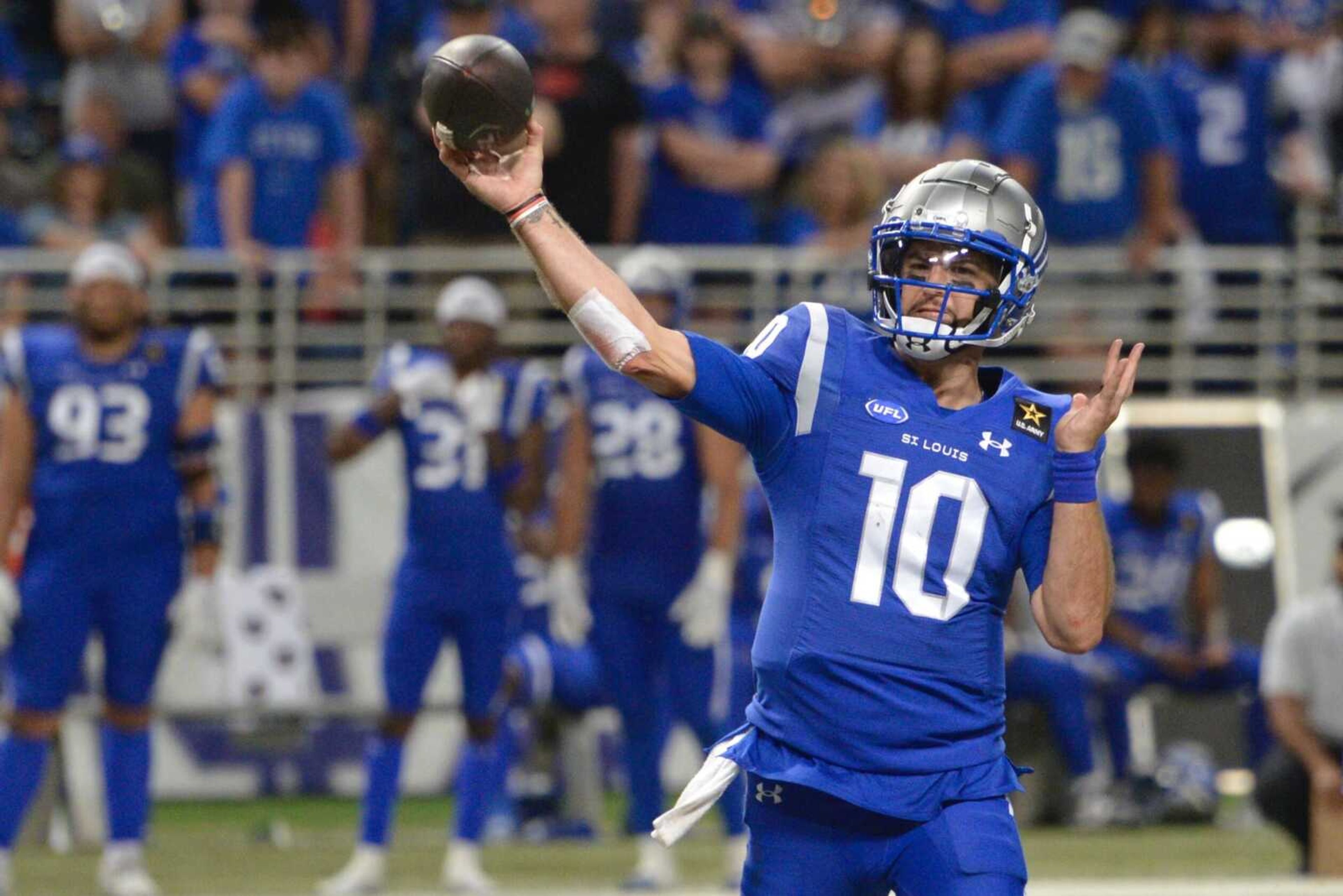 St. Louis Battlehawks quarterback AJ McCarron throws a pass against the San Antonio Brahmas during the XFL Conference Championship Game on Sunday, June 9, in St. Louis.