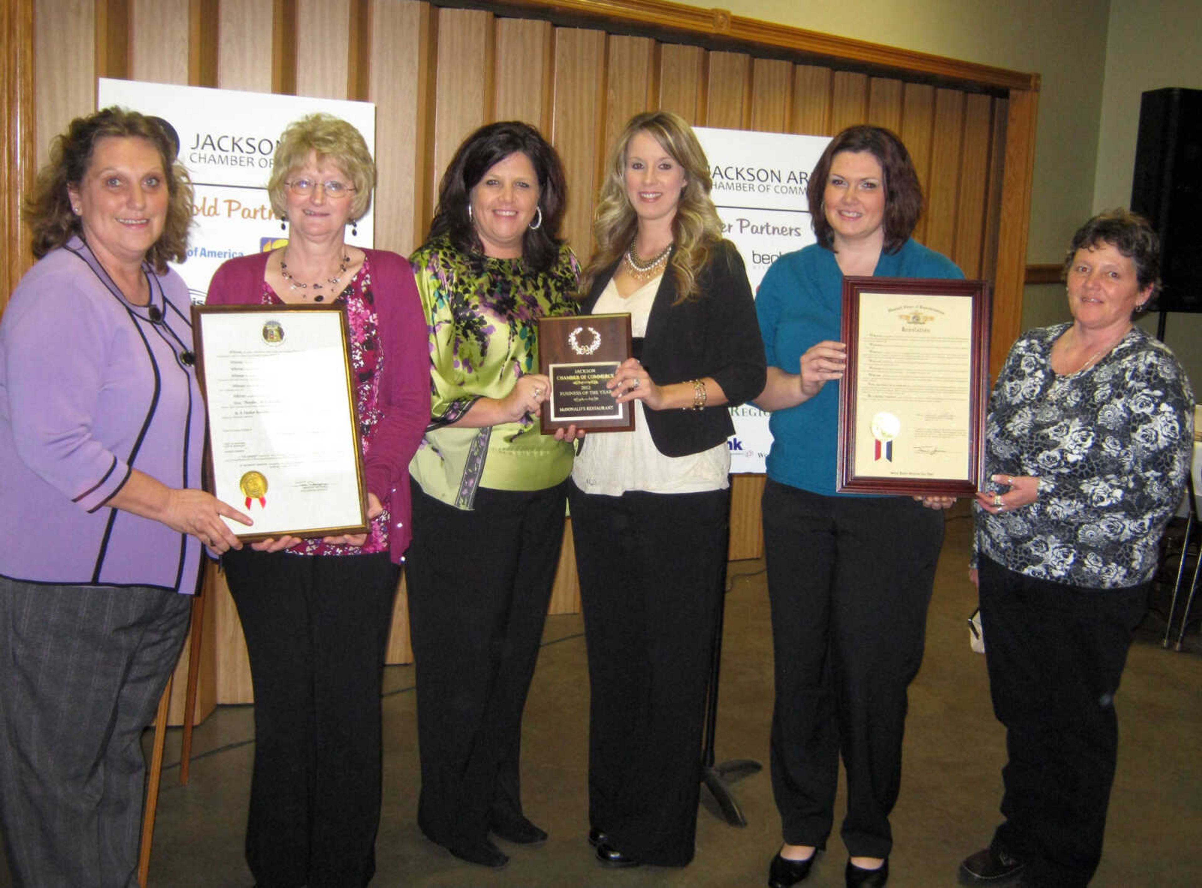 Carol Limbaugh, left, Helen Spooler, Cheryl Farrow, Melissa Lanigan, Amanda Voran and Connie Willmirth receive the Business of the Year award for McDonald's, Jan. 11, at the Jackson Area Chamber of Commerce annual awards banquet at the Knights of Columbus Hall in Jackson, Mo.