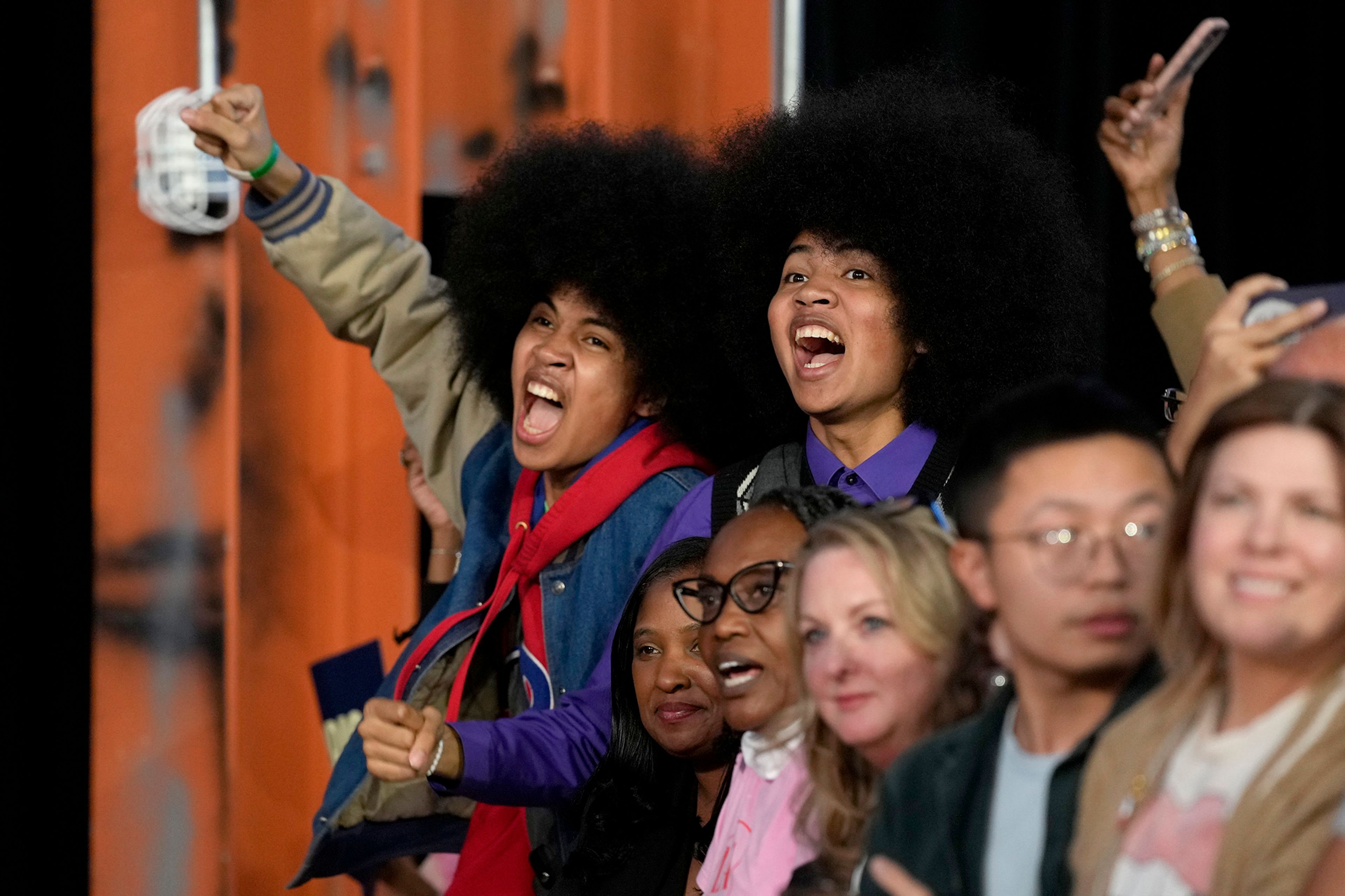 Supporters cheer as Philadelphia Mayor Cherelle Parker speaks during a community rally with Democratic presidential nominee Vice President Kamala Harris at the Alan Horwitz "Sixth Man" Center, Sunday, Oct. 27, 2024, in Philadelphia. 