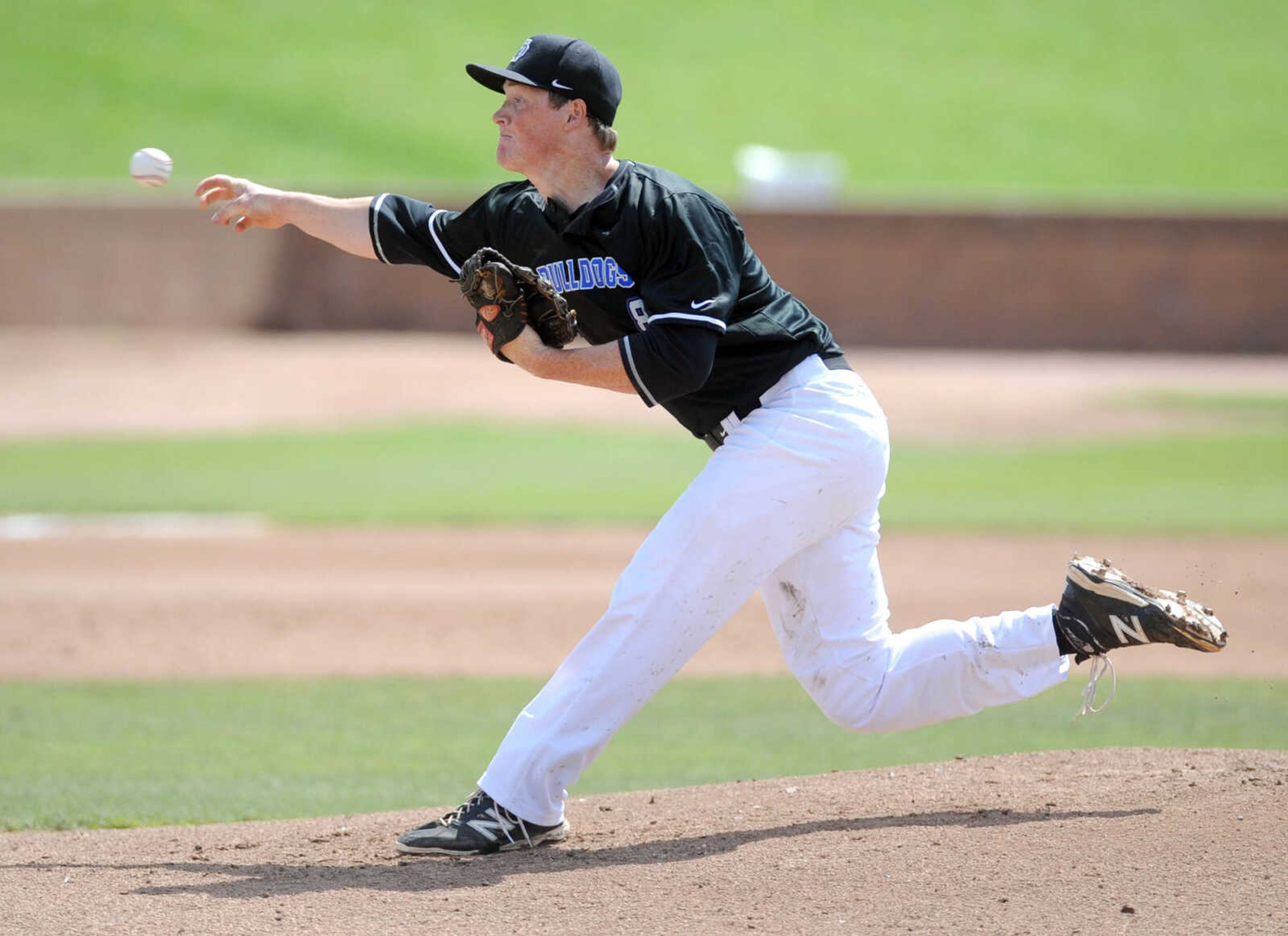 Notre Dame's Graham Ruopp delivers to a Smithville batter in the first inning of a Class 4 semifinal, Friday, June 5, 2015, in O'Fallon, Missouri. Notre Dame won 13-3 in six innings. (Laura Simon)