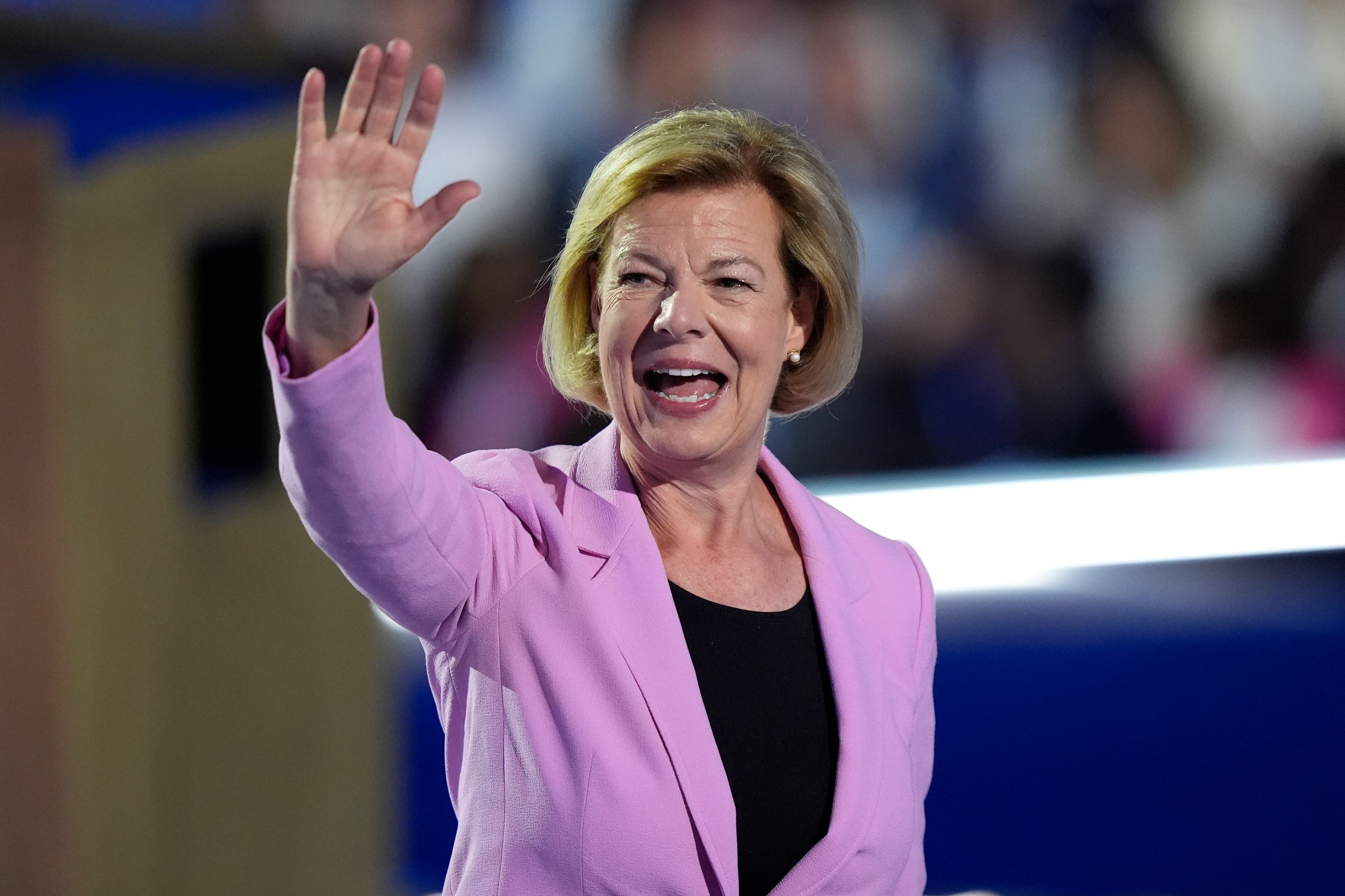 FILE - Sen. Tammy Baldwin, D-Wis., speaks during the Democratic National Convention, Aug. 22, 2024, in Chicago. (AP Photo/Charles Rex Arbogast, File)