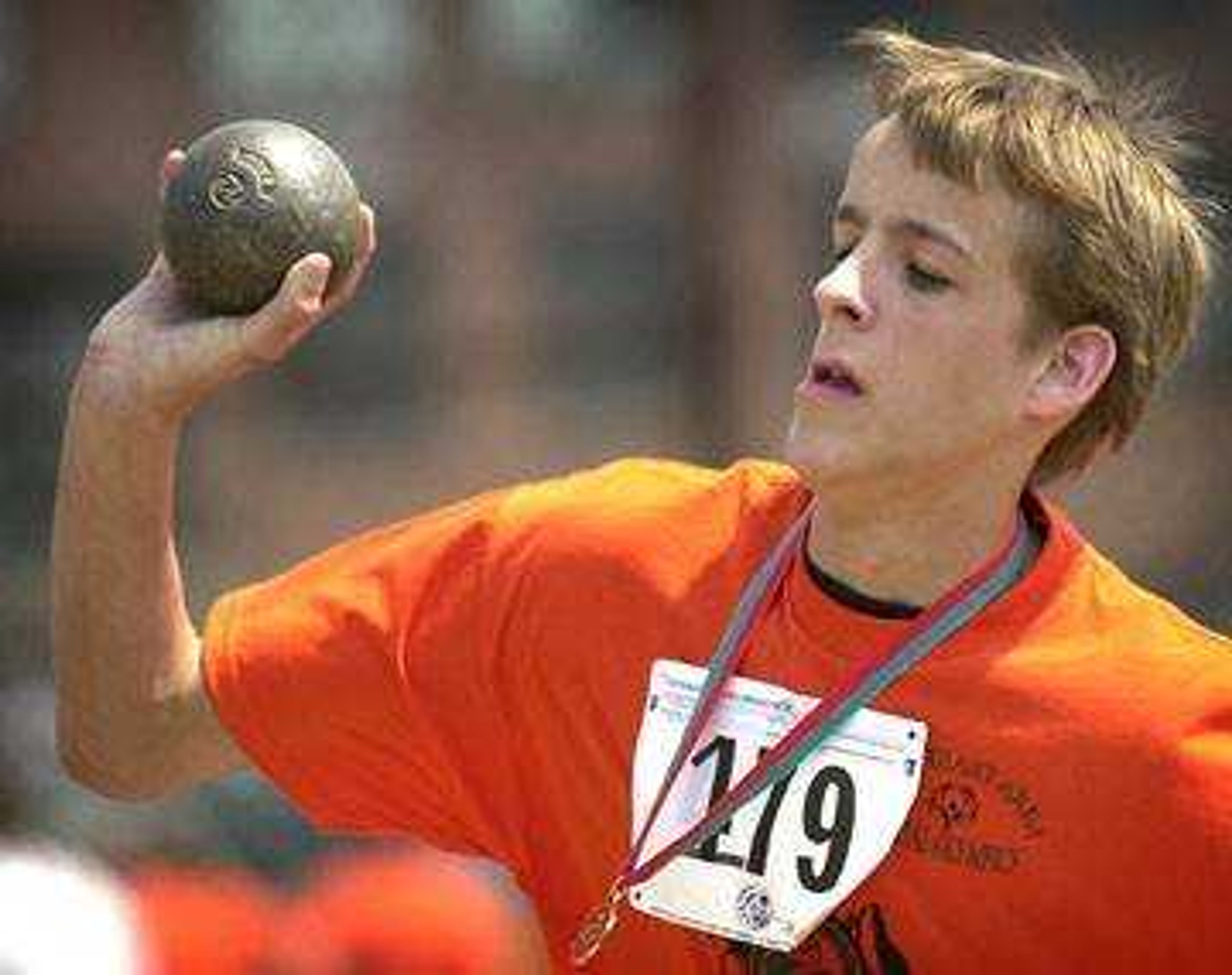 William McGuire, 15, of Desloge, Mo. threw the shotput for 5.10 meters.