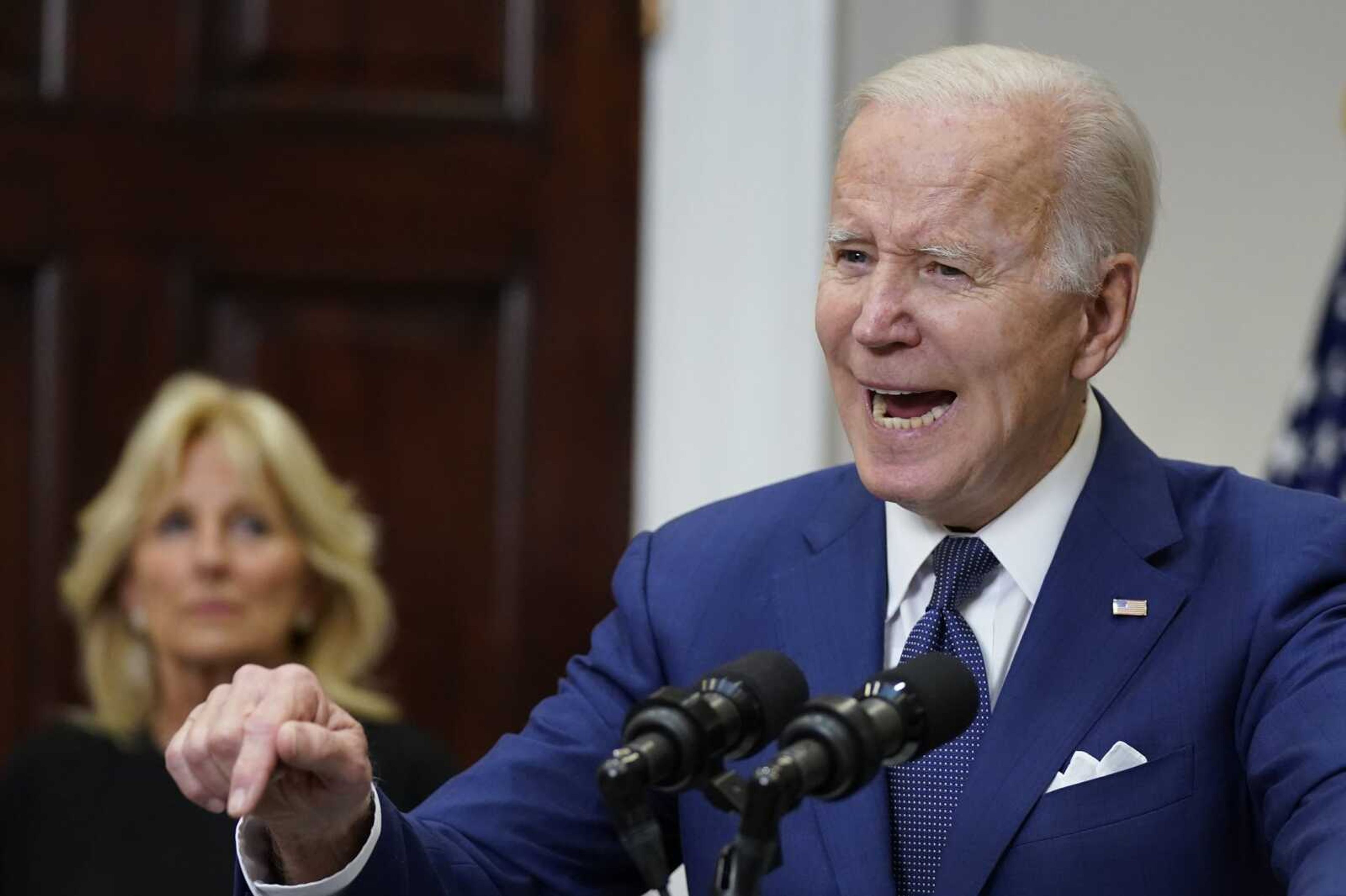 President Joe Biden speaks about the mass shooting at Robb Elementary School in Uvalde, Texas, Tuesday from the White House, in Washington, as first lady Jill Biden listens.