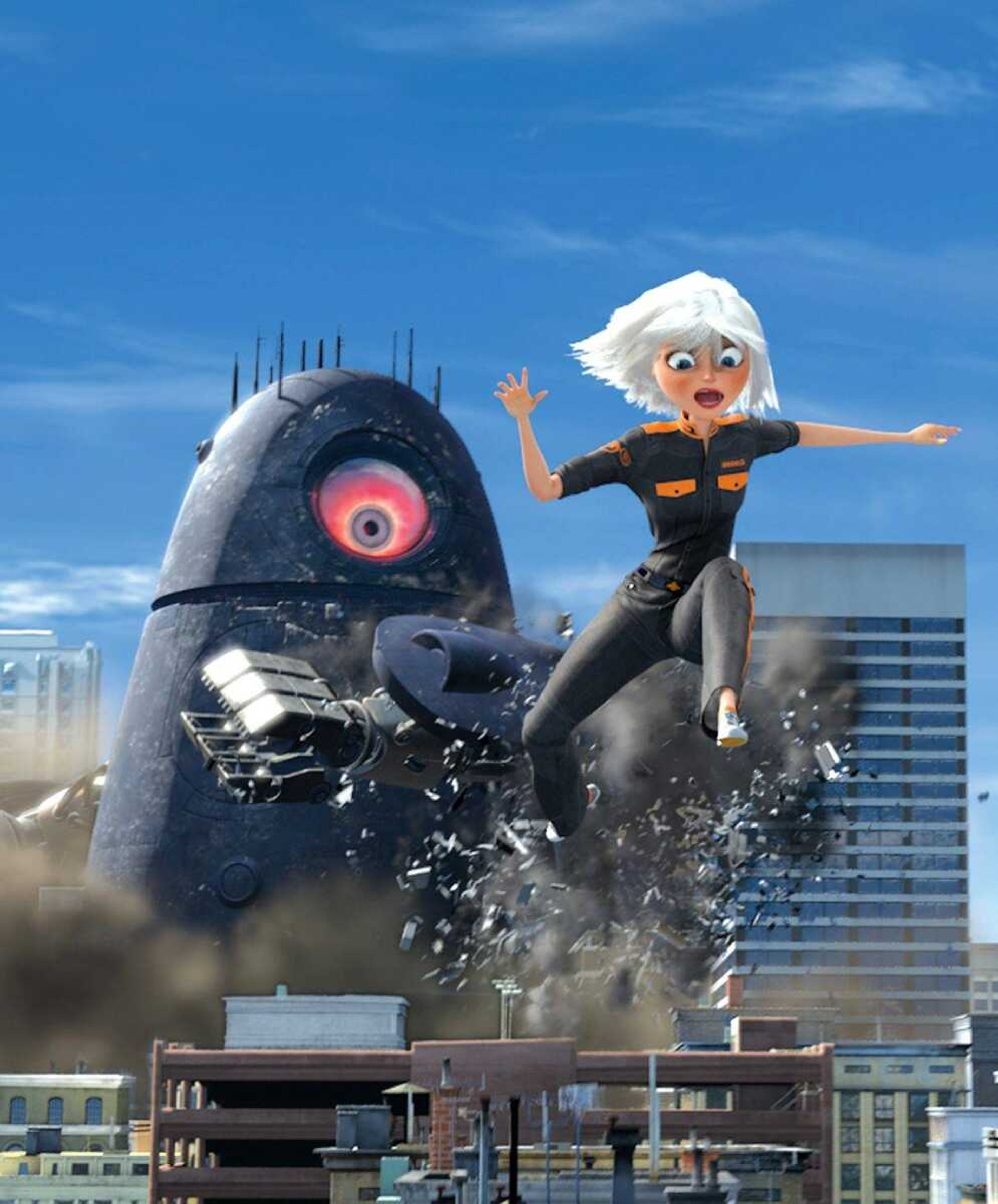 In this film publicity still released by DreamWorks Animation LLC, Ginormica, voiced by Reese Witherspoon, powers through the atmosphere in a scene from DreamWorks Animation's 3D film, "Monsters vs. Aliens." (AP Photo/ DreamWorks Animation LLC)