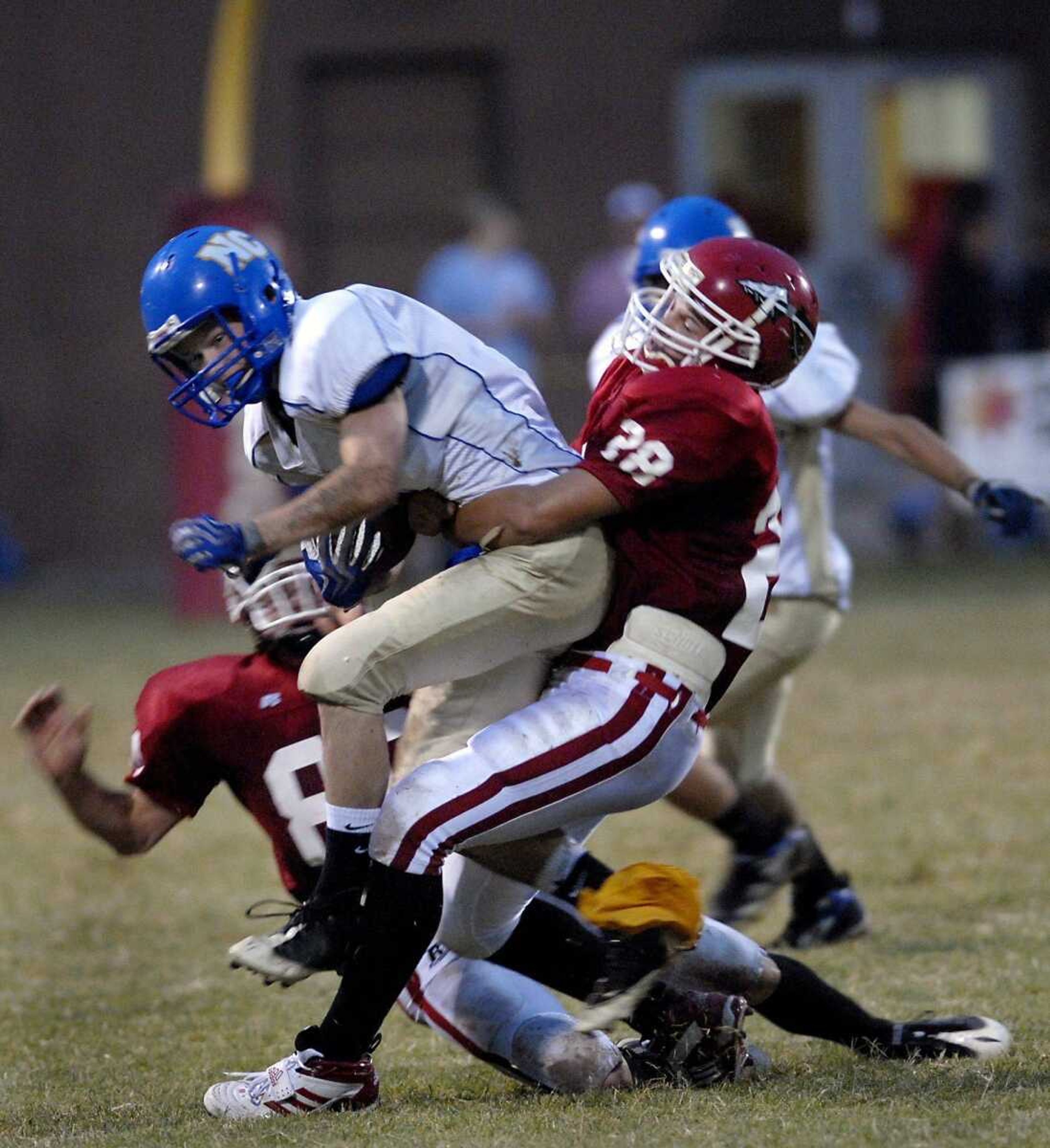 Jackson's Trent Sizemore tackles North County's Cameron Vasquez during the first quarter Friday in Jackson. (Kristin Eberts)