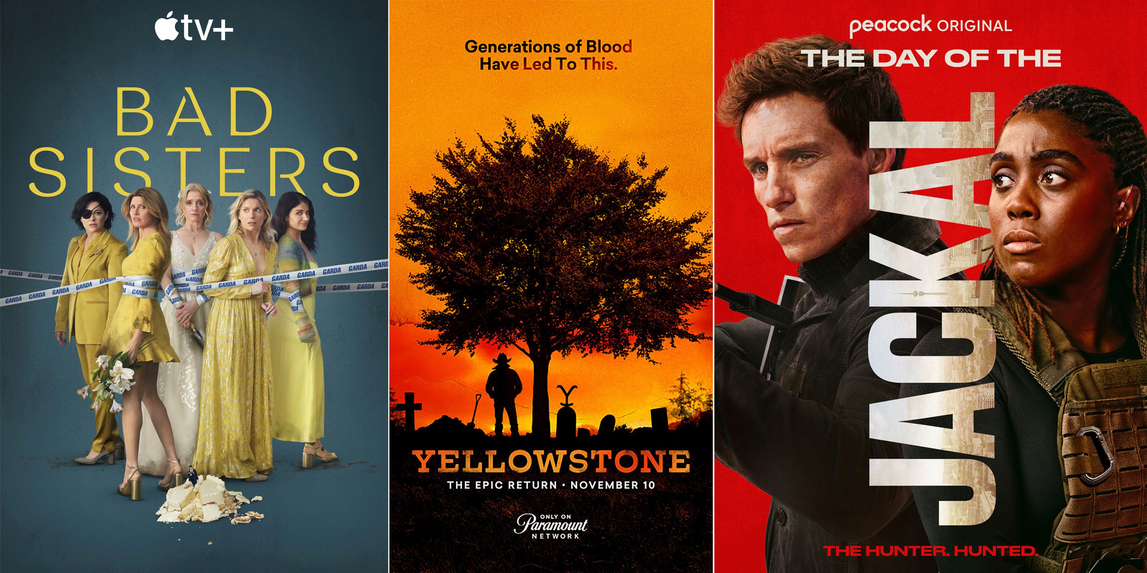 This combination of images show promotional art for "Bad "Sisters", from left, "Yellowstone", and "The "Day of the Jackal". (Apple TV+/Paramount Network/Peacock via AP)