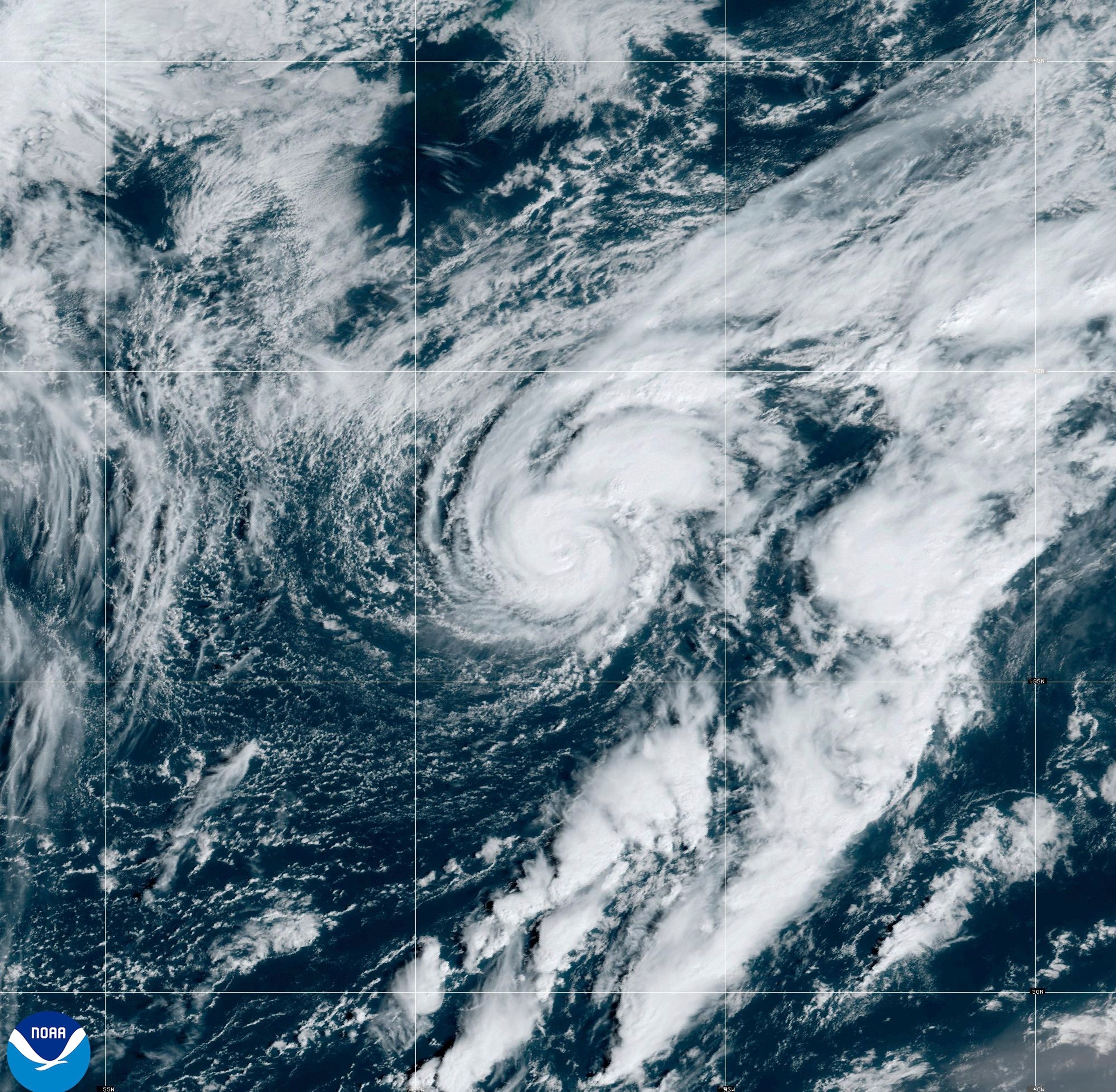 This satellite map provided by National Oceanic and Atmospheric Administration (NOAA) shows Hurricane Isaac on Friday, Sept. 27, 2024. (NOAA via AP)