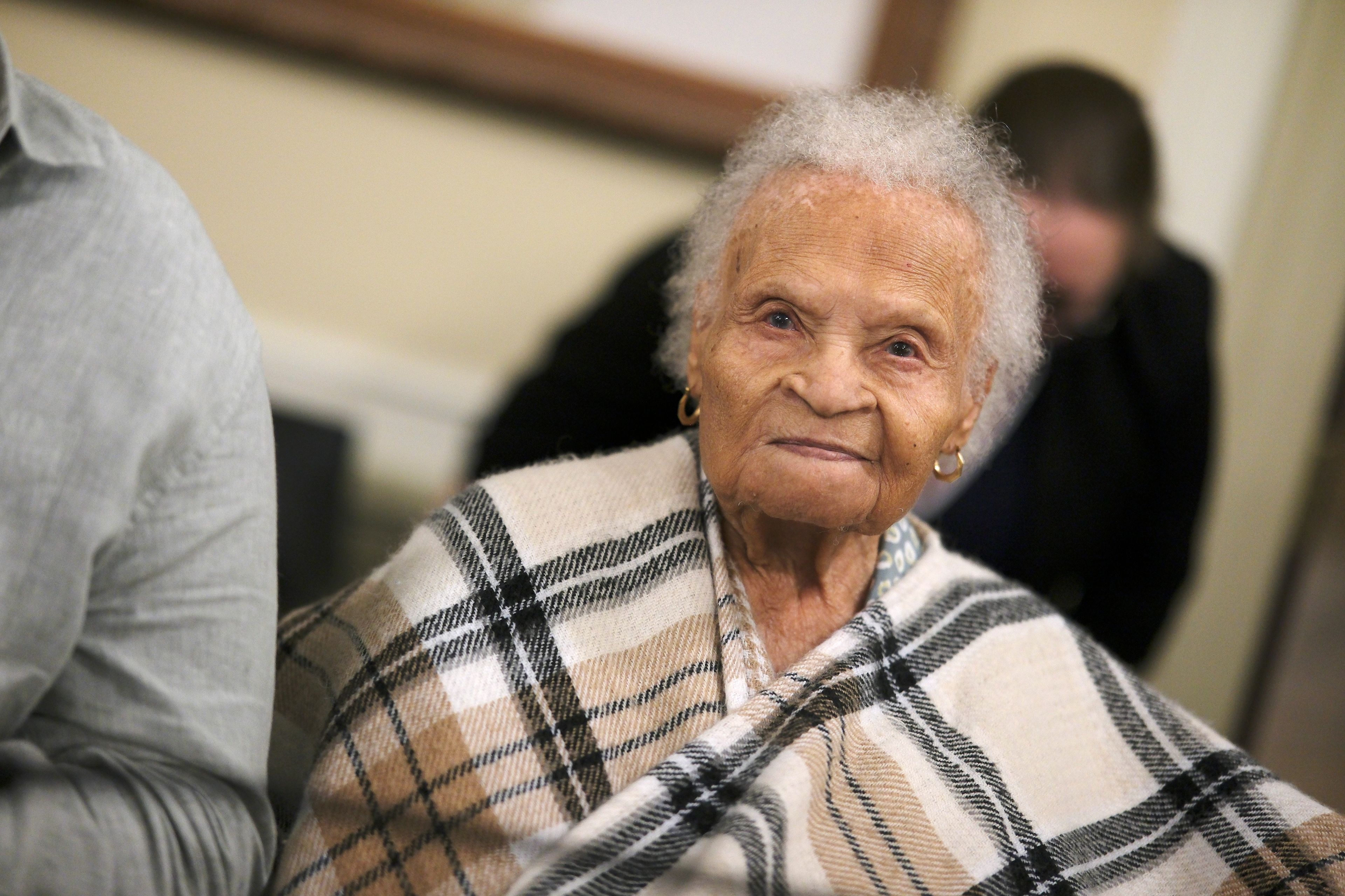 FILE - Viola Ford Fletcher, a Tulsa Race Massacre survivor, is pictured at the House General Government Committee meeting at the Oklahoma Capitol, Oct. 5, 2023. (Doug Hoke/The Oklahoman via AP, File)