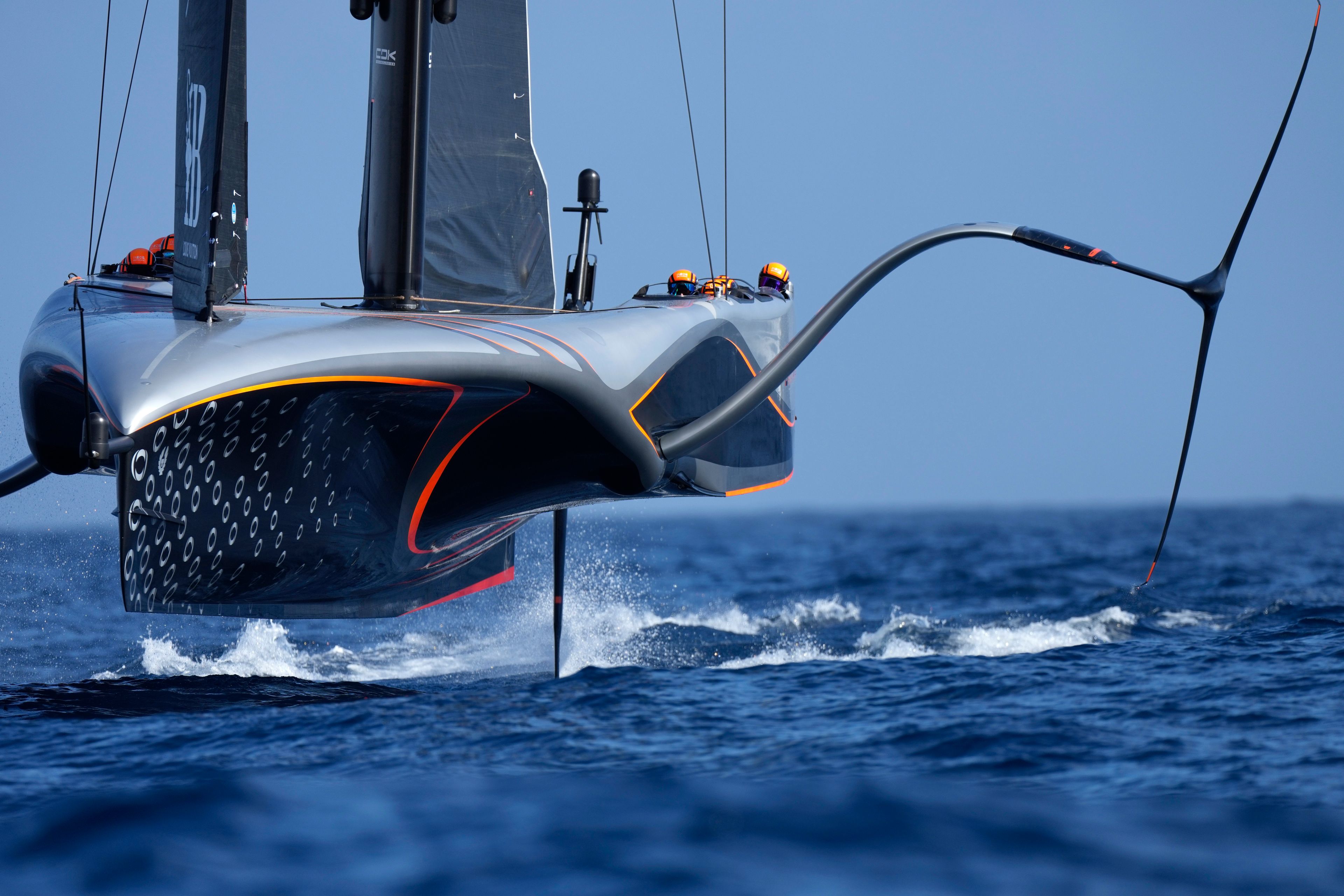 Ineos Britannia warms up prior to the start of the Louis Vuitton 37th America's Cup Day 4 race 5 in Barcelona, Spain, Wednesday, Oct. 16, 2024. (AP Photo/Bernat Armangue)