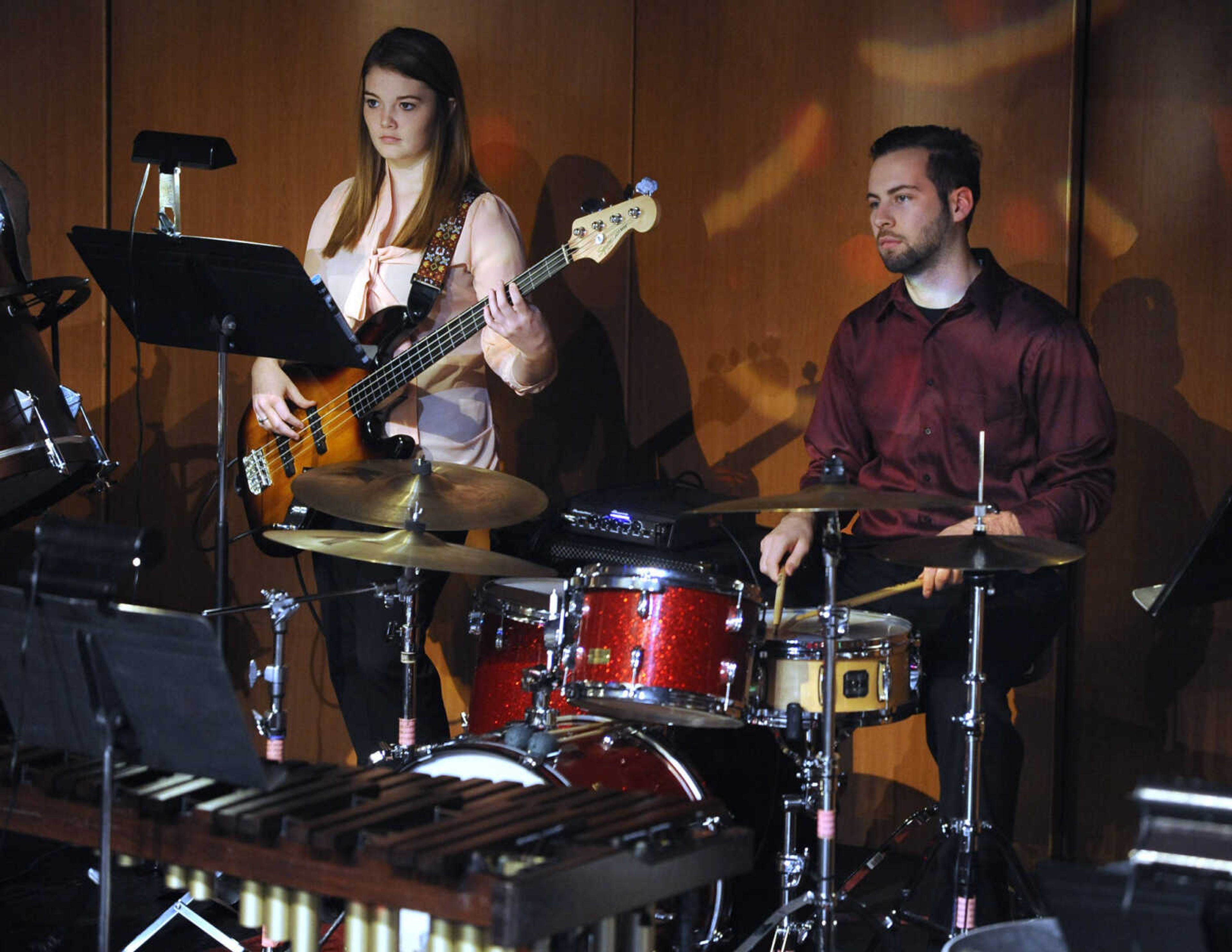 Members of the Percussion Ensemble at Southeast Missouri State University perform Saturday, Dec. 13, 2014 at Bedell Performance Hall on the River Campus.