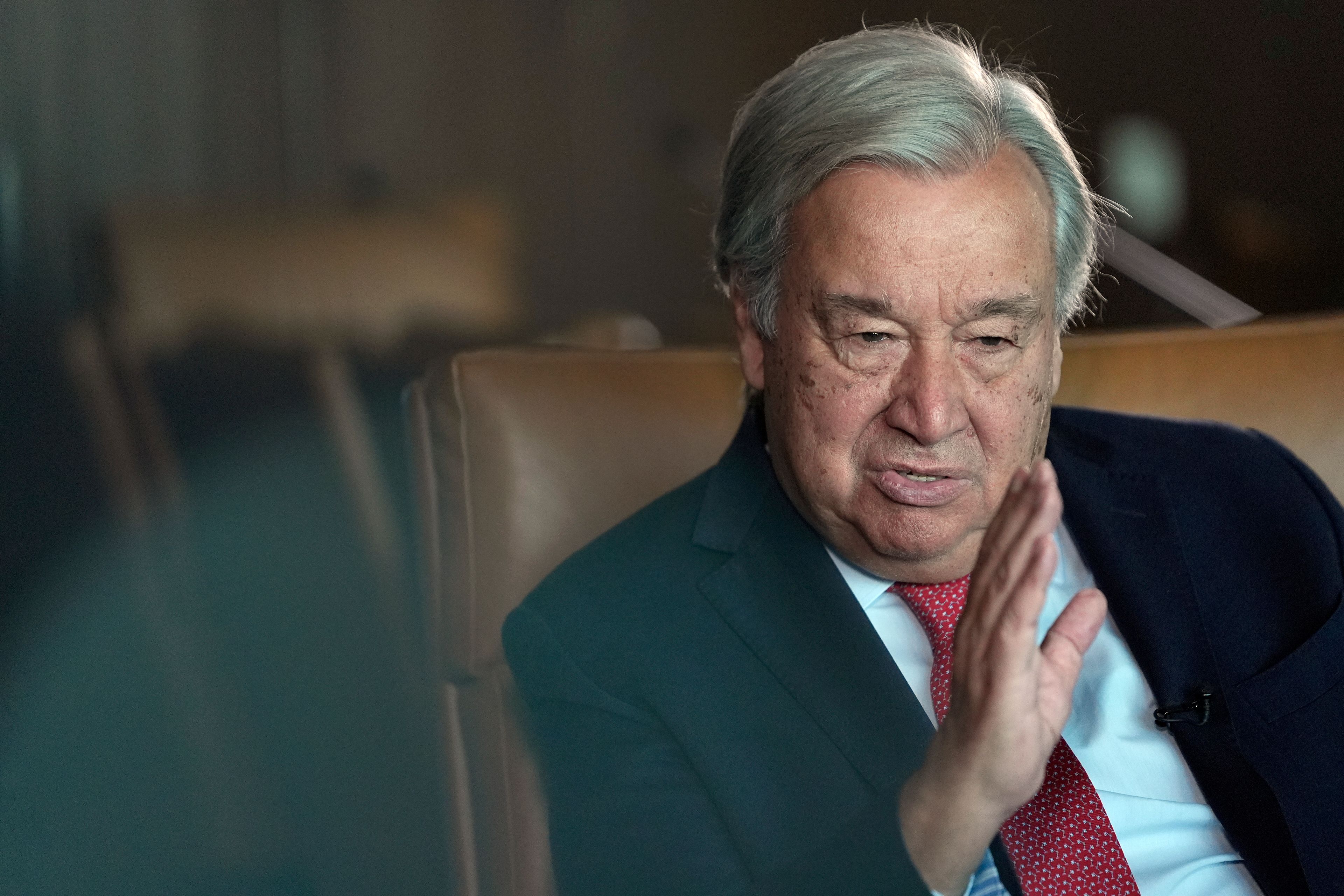 United Nations Secretary-General Antonio Guterres speaks during an interview at the United Nations headquarters, Monday, Sept. 9, 2024. (AP Photo/Pamela Smith)