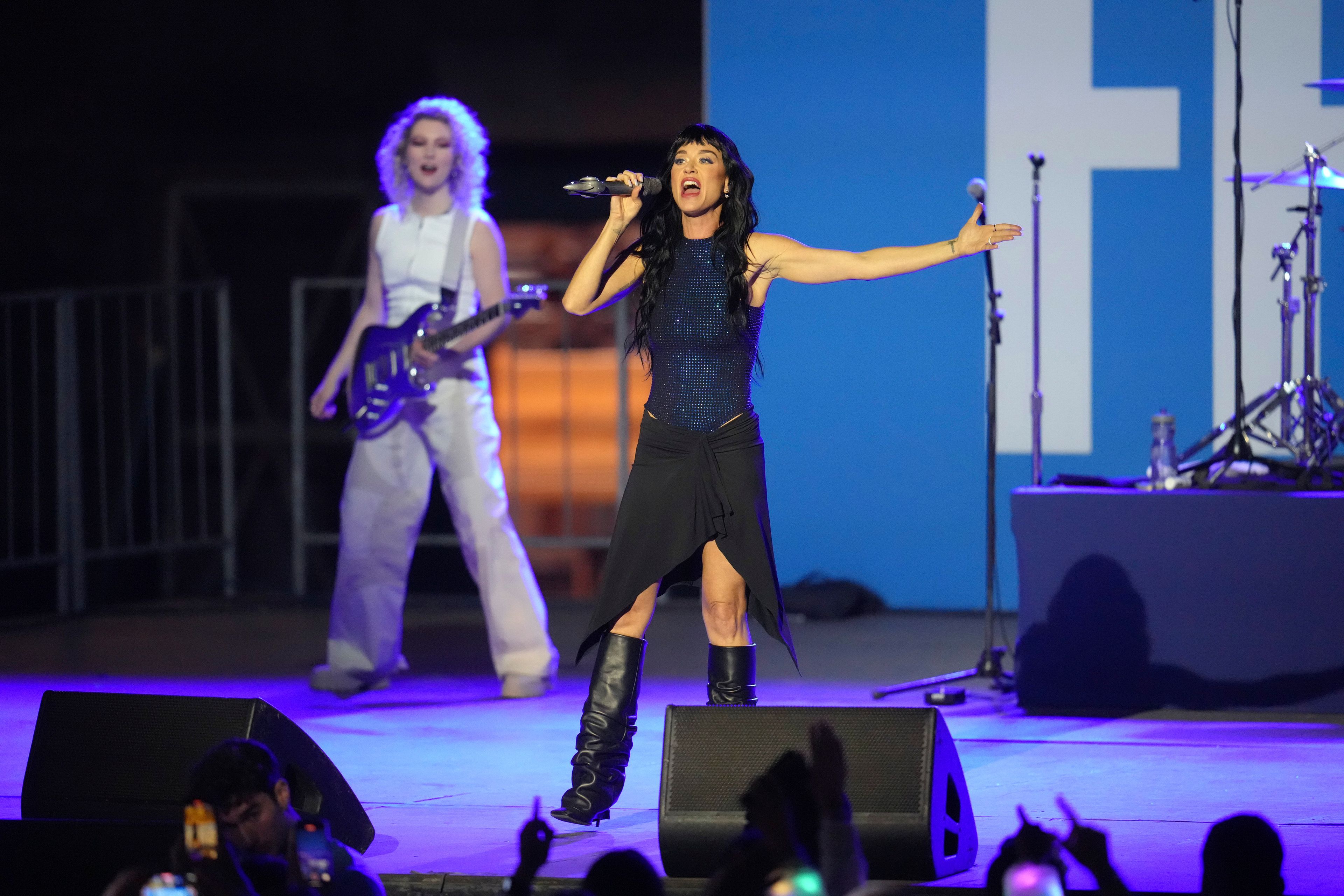 Katy Perry performs during a campaign rally for Democratic presidential nominee Vice President Kamala Harris at Carrie Blast Furnaces in Pittsburgh, Monday, Nov. 4, 2024. (AP Photo/Gene J. Puskar)