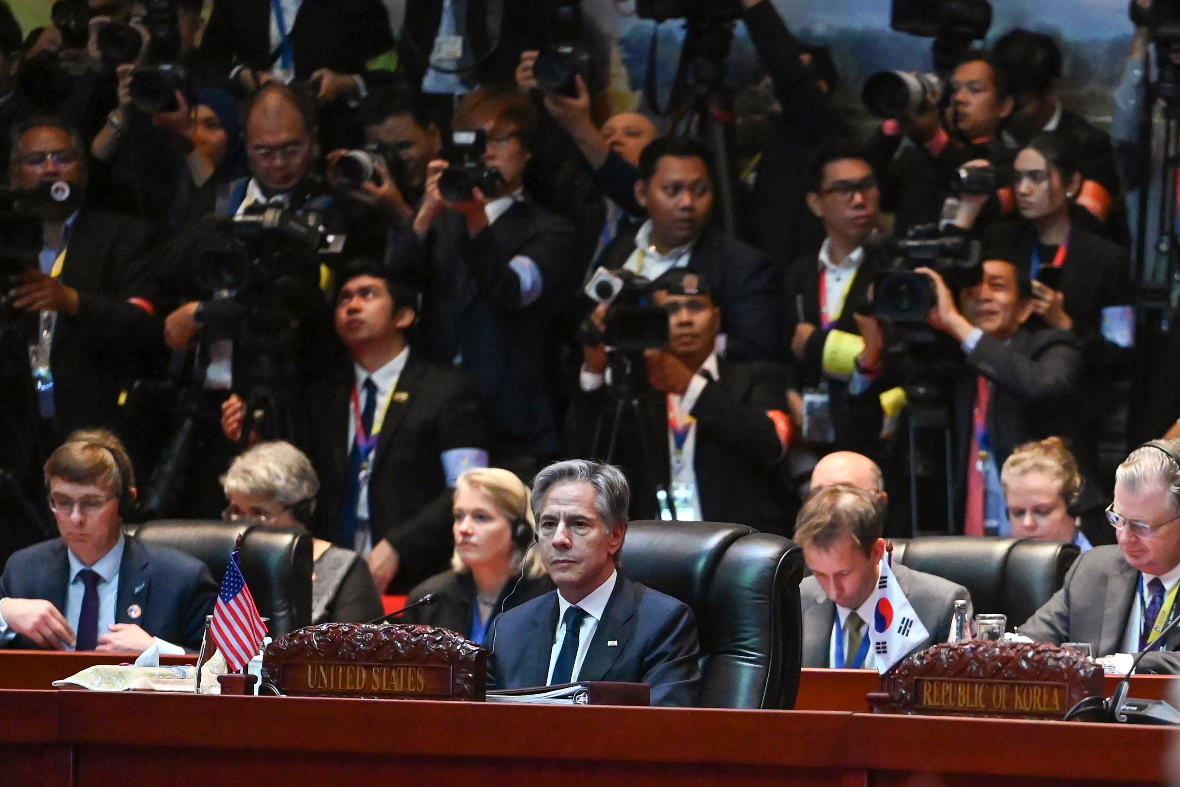 U.S. Secretary of State Antony Blinken, center, attends the East Asia Summit during the Association of Southeast Asian Nations (ASEAN) Summit in Vientiane, Laos, Friday, Oct. 11, 2024. (Tang Chhin Sothy/Pool Photo via AP)