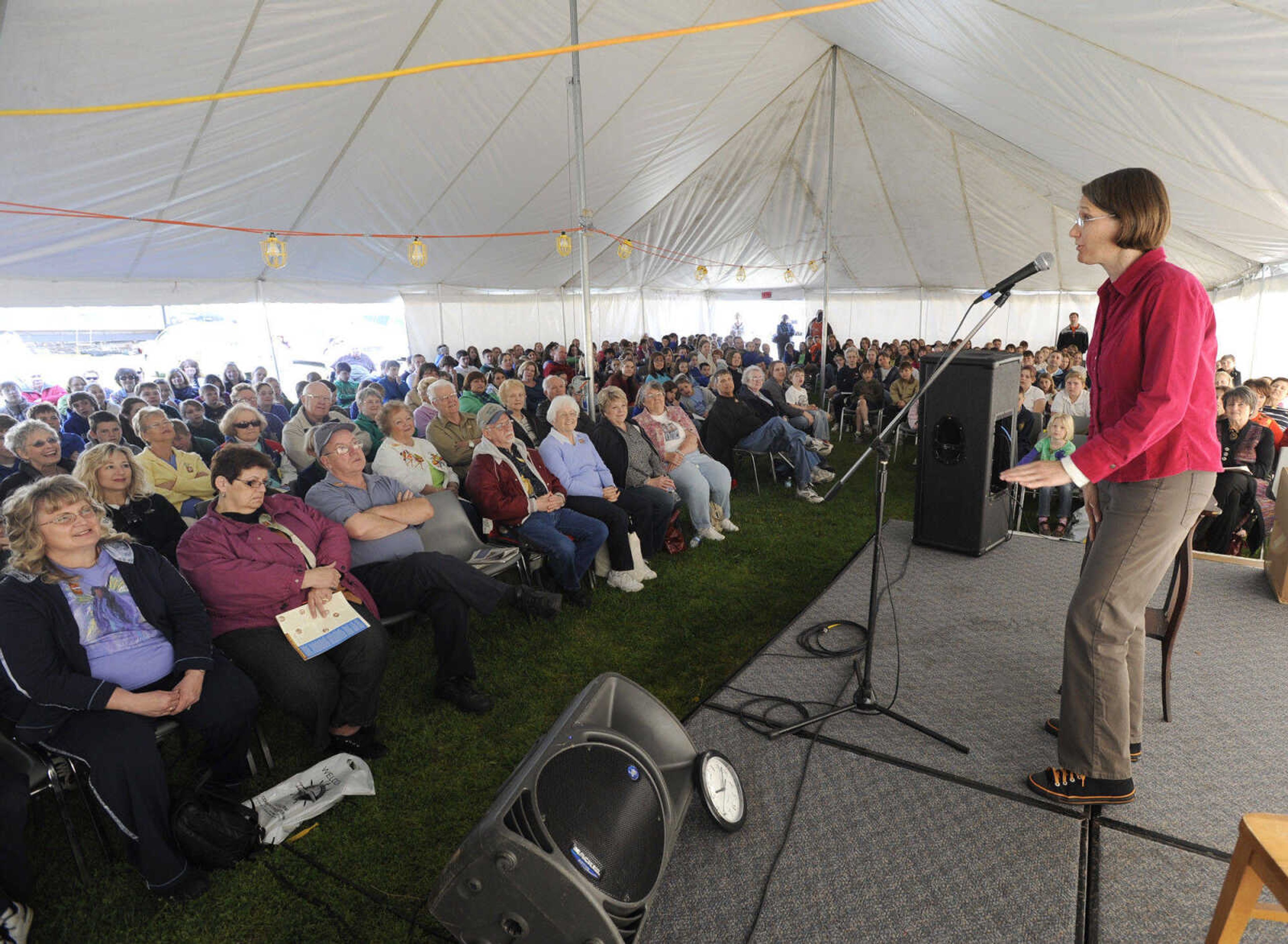 FRED LYNCH ~ flynch@semissourian.com
Priscilla Howe tells a story in the Merriwether tent Friday at the third annual Cape Girardeau Storytelling Festival.