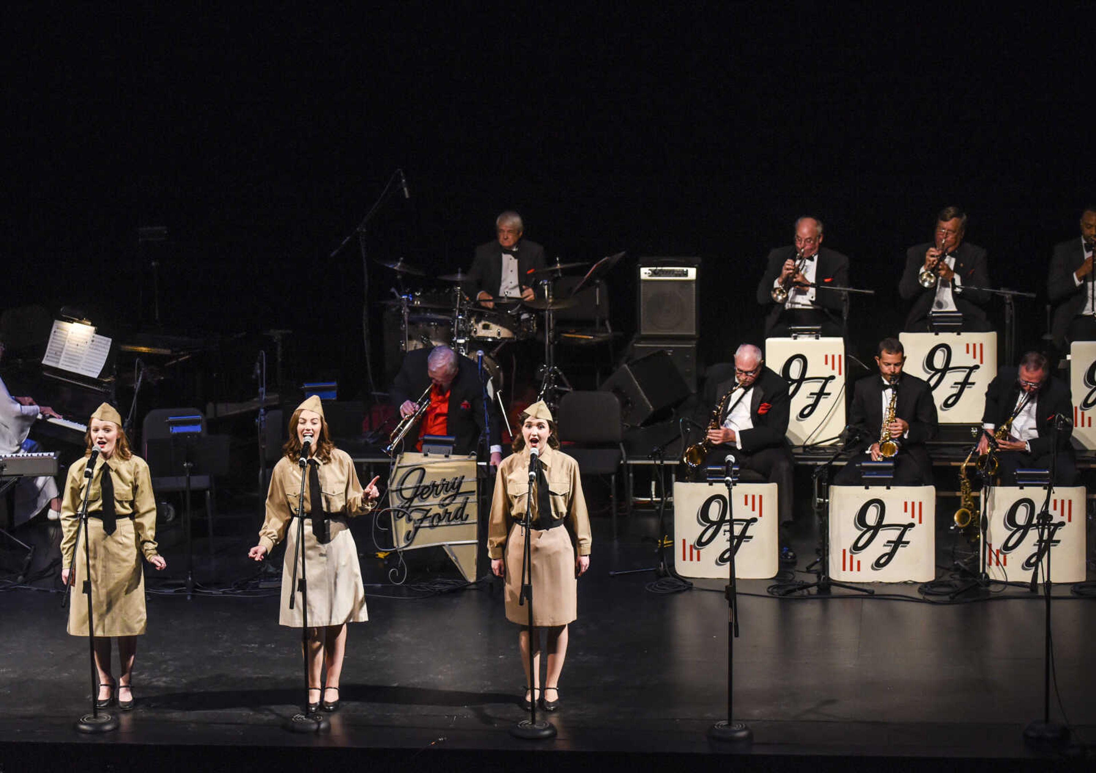 From left, Hollynn St. Clair, Madison Jackson and April Bassett pose as The Andrews Sisters for a performance during the USO Show featuring the Jerry Ford Orchestra Friday, July 6, 2018 in the Donald C. Bedell Performance Hall at the River Campus in Cape Girardeau.