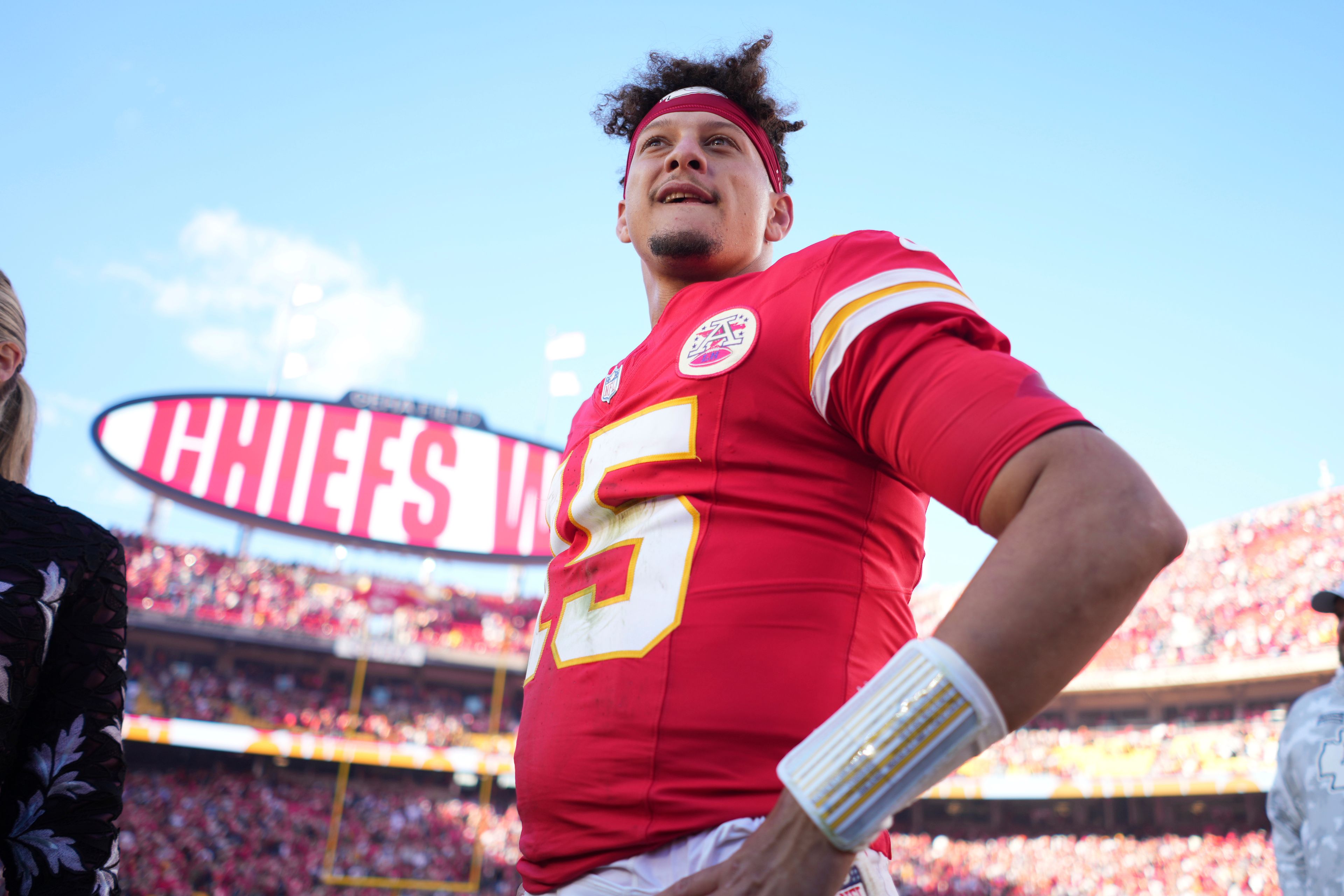 Kansas City Chiefs quarterback Patrick Mahomes pauses following an NFL football game against the Denver Broncos Sunday, Nov. 10, 2024, in Kansas City, Mo. The Chiefs won 16-14. (AP Photo/Charlie Riedel)