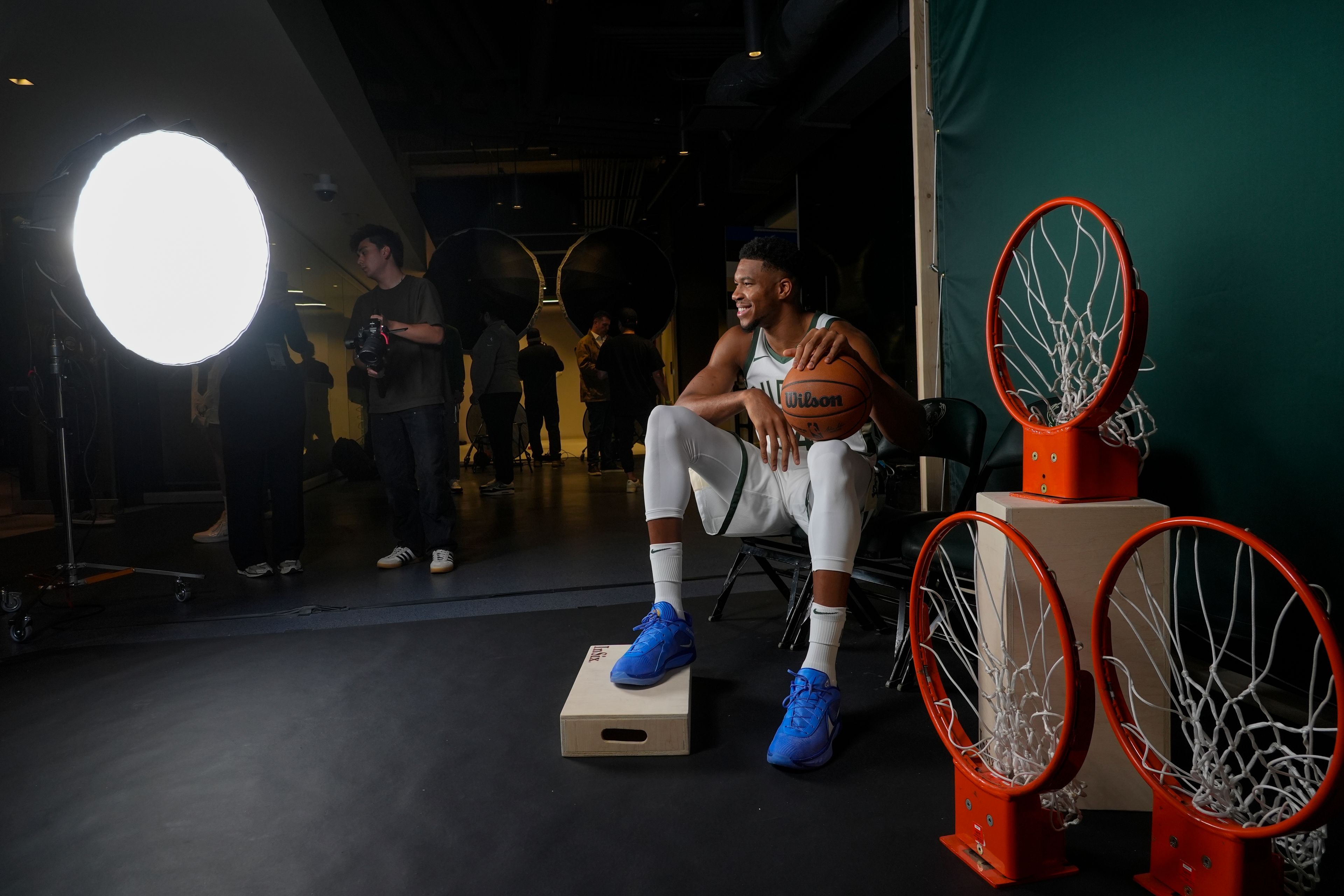 Milwaukeee Bucks' Giannis Antetokounmpo poses for photos during the NBA basketball team's media day Monday, Sept. 30, 2024, in Milwaukee. (AP Photo/Morry Gash)