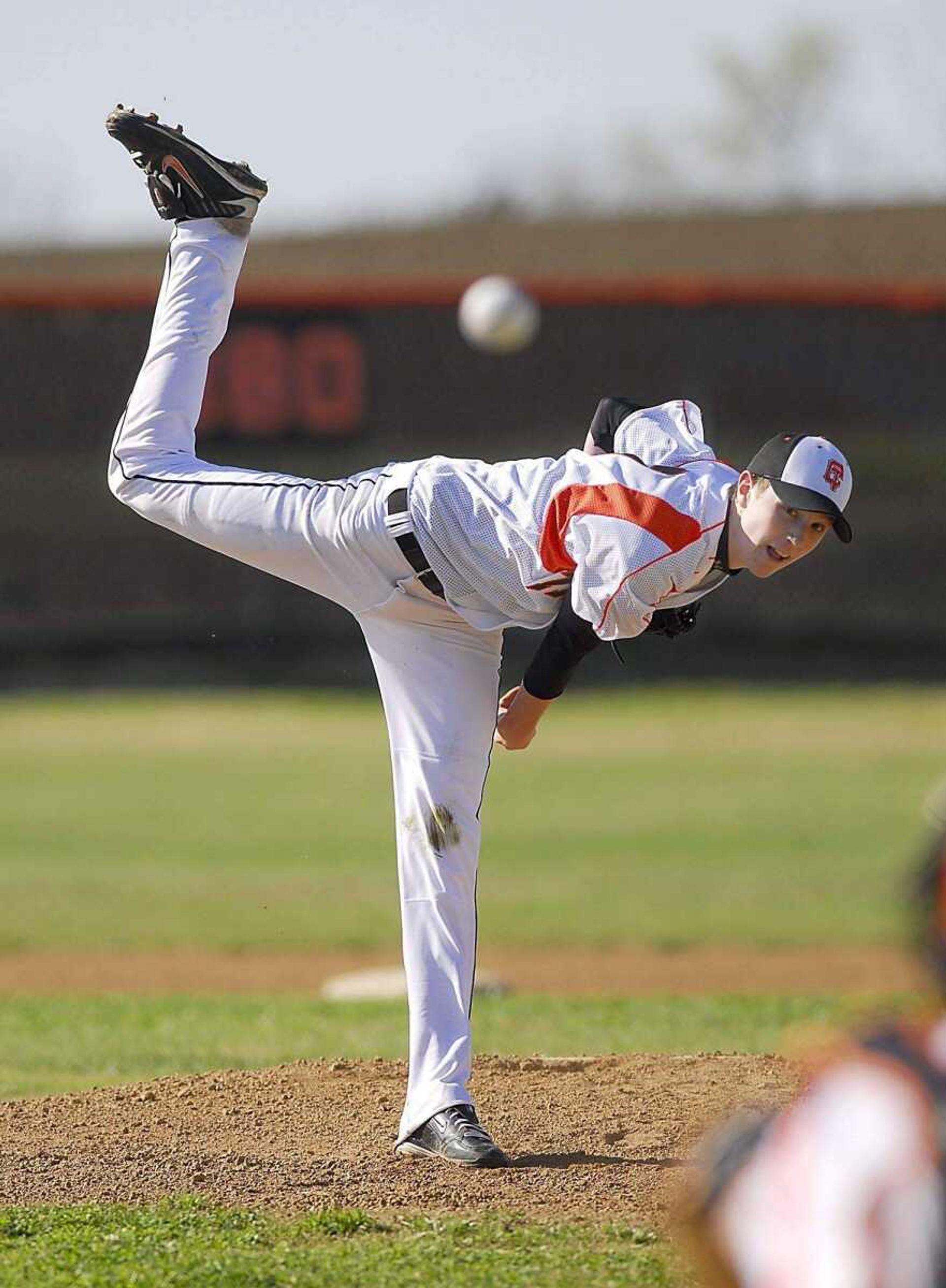 KIT DOYLE ~ kdoyle@semissourian.comCentral starter Josh Meyer delivers a pitch to a Jackson batter during Tuesday's game at Central.