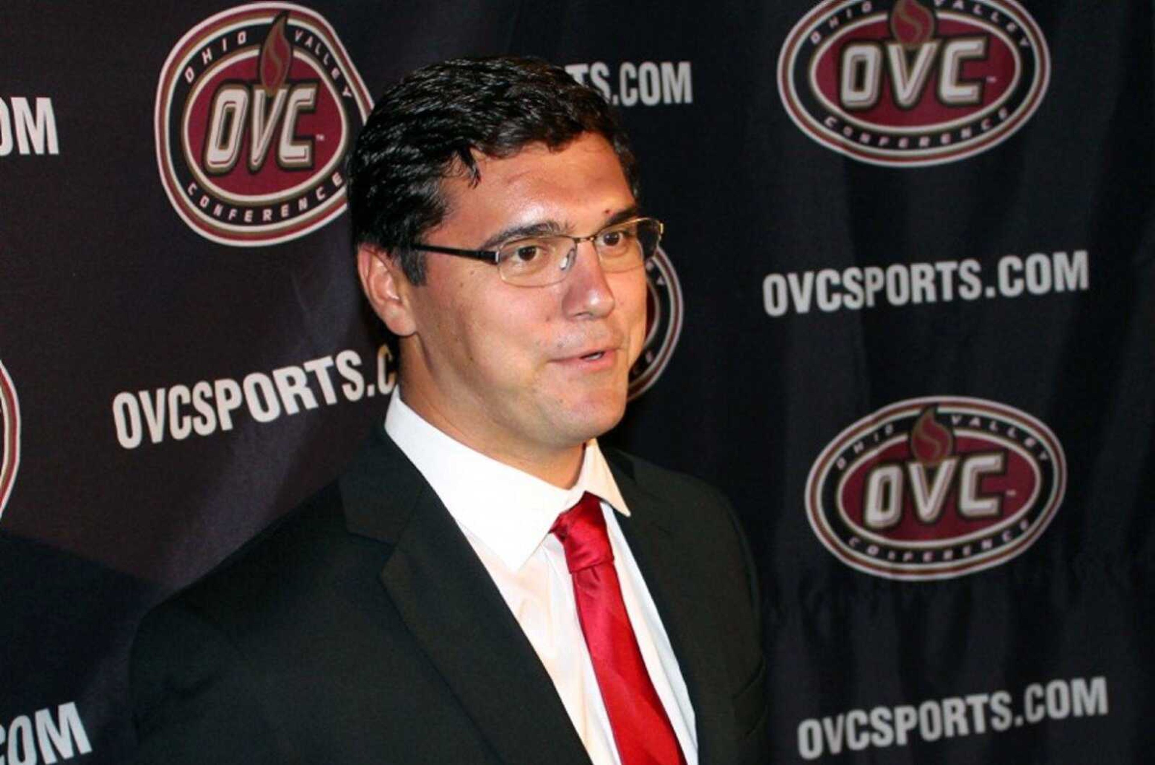 Southeast Missouri State kicker Ryan McCrum addresses reporters at OVC media day Monday in Nashville, Tennessee. (Southeast sports information)