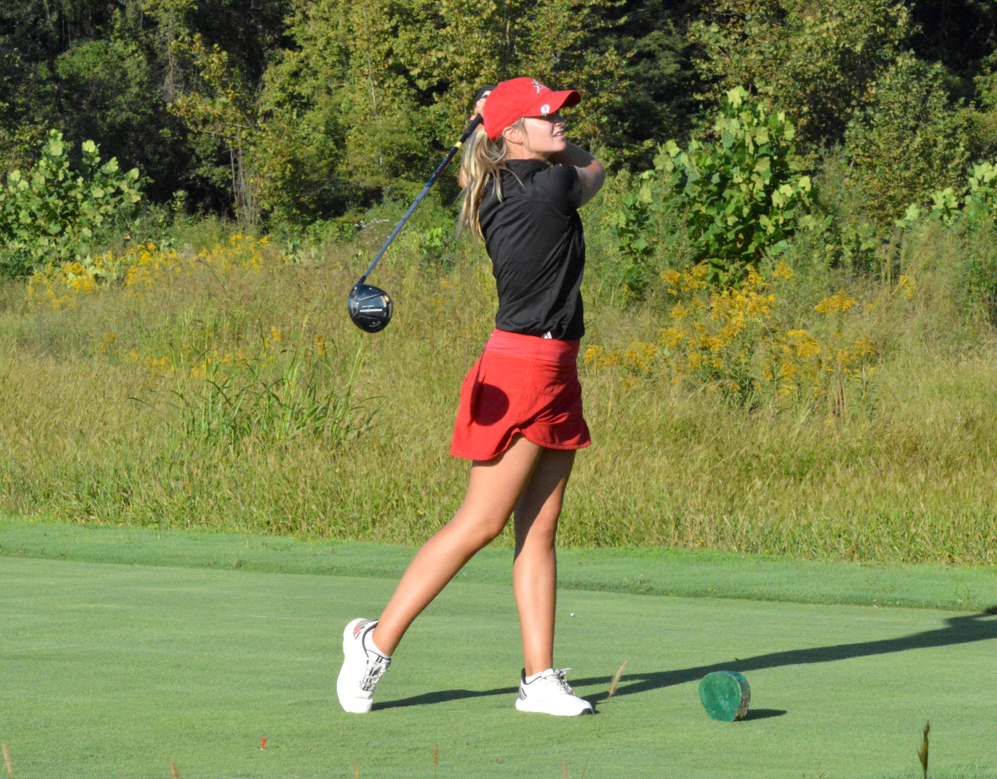 Jackson junior Julia Schlitt tees off on her seventh hole of the Notre Dame quad-meet on Thursday, Sept. 26. The returning Class 4 state qualifier took first place in the event after scoring a 36.