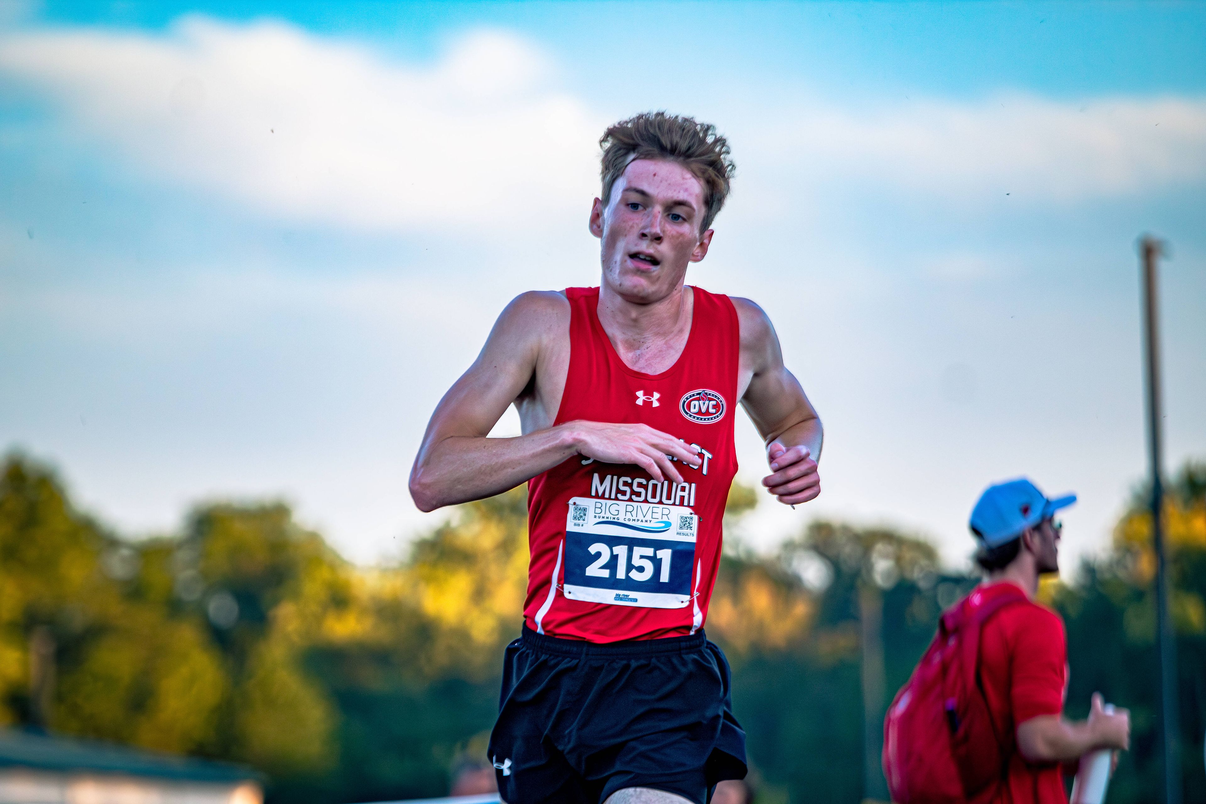 Senior, Noah Little, taking his last couple strides to secure runner up at the Redhawks Cross Country Invitational.