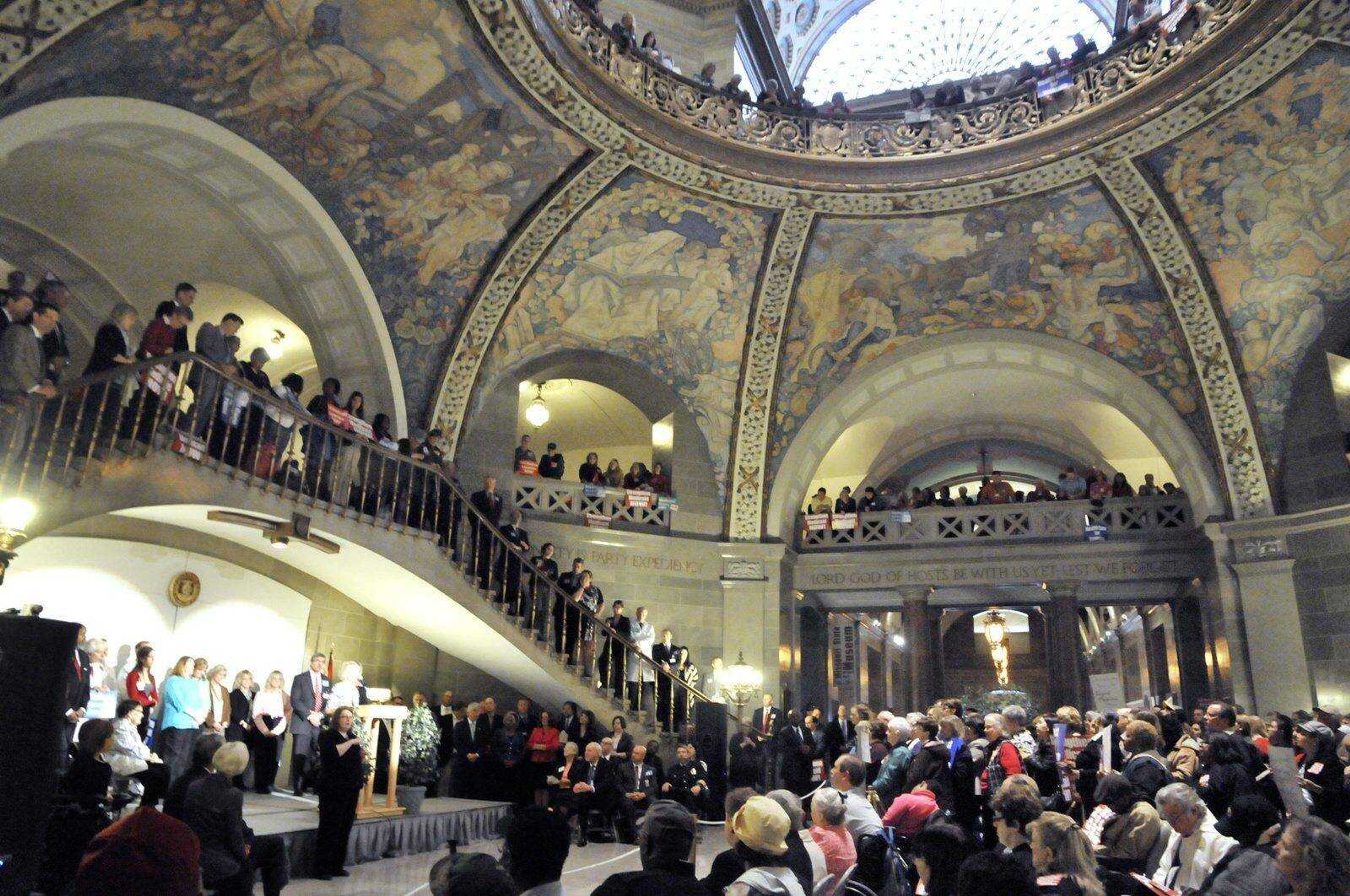 A large crowd gathered in Missouri&#8217;s Capitol Rotunda on Tuesday to show their support for increased Medicaid funding from the federal government. The crowd filled the first, second and third floor rotundas as they waved signs and erupted in applause. (Julie Smith ~ News Tribune)