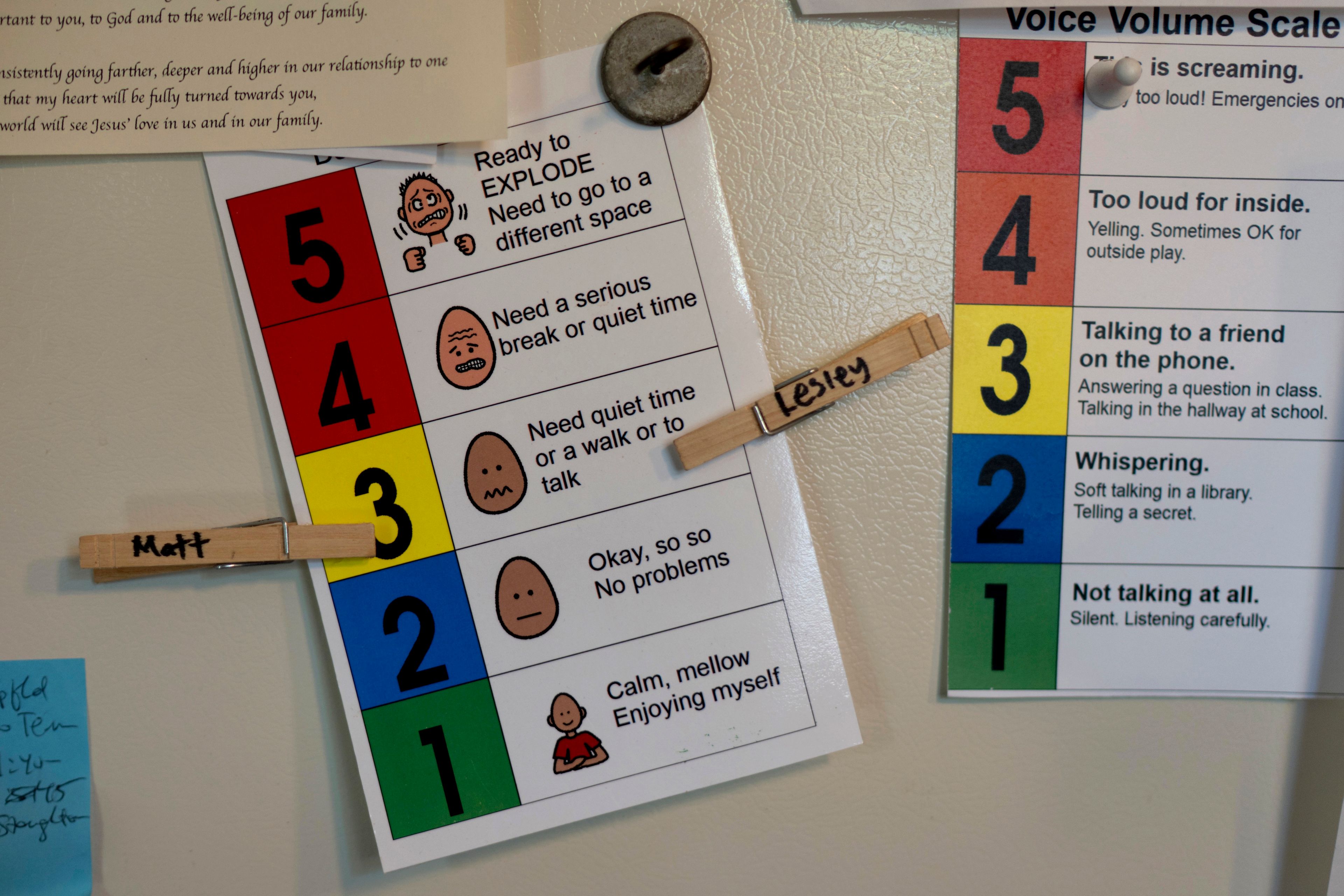 A chart and clothespins with their names hangs on the refrigerator of Lesley and Matt Dzik as a communication tool to help express their feelings, in Champaign, Ill., Saturday, Sept. 21, 2024. (AP Photo/David Goldman)