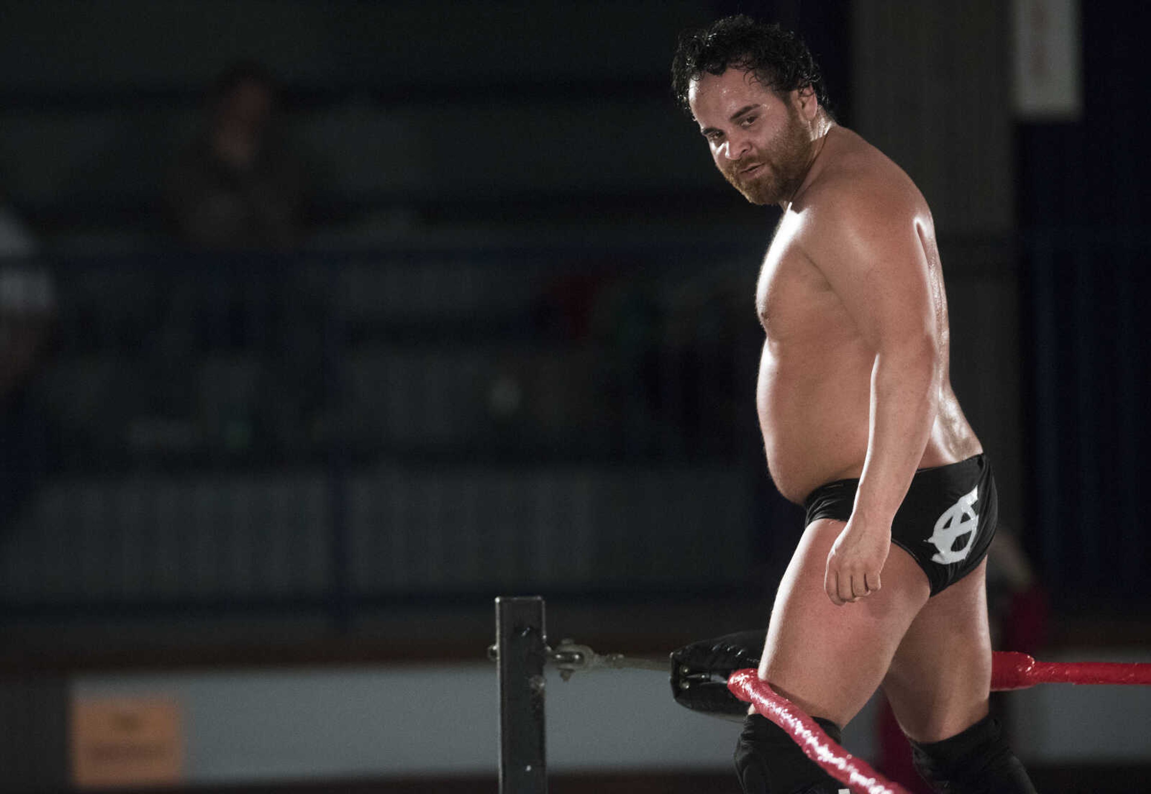 Brandon "Espy" Espinoza climbs the ropes after a match in the One Night Riot event Saturday, Feb. 24, 2018, at the Arena Building in Cape Girardeau.