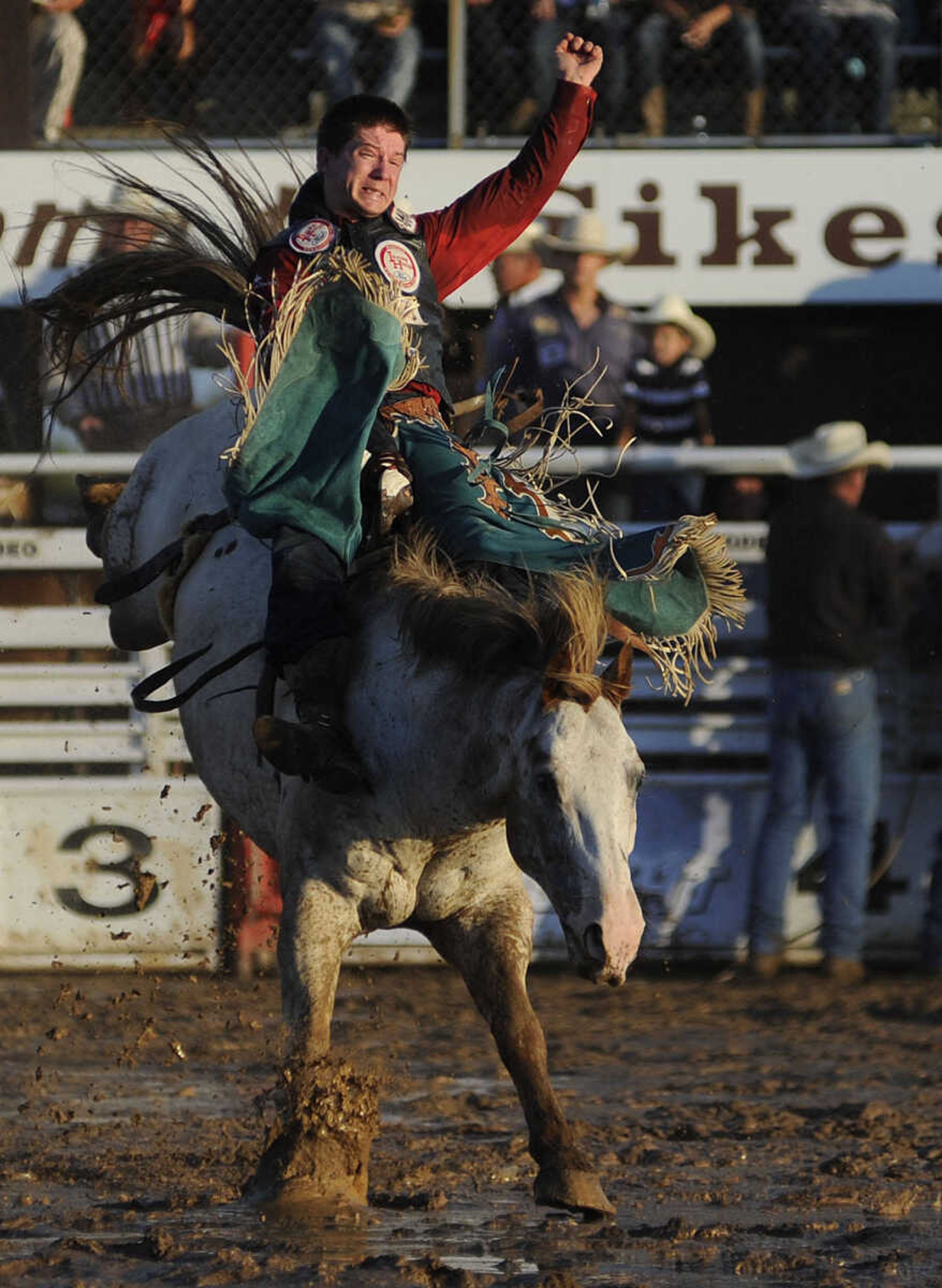 Justin McDaniel rides Smart Water in the bareback riding competition at the Sikeston Jaycee Bootheel Rodeo Wednesday, August 7, in Sikeston, Mo. McDaniel received a score of 81 for his ride.