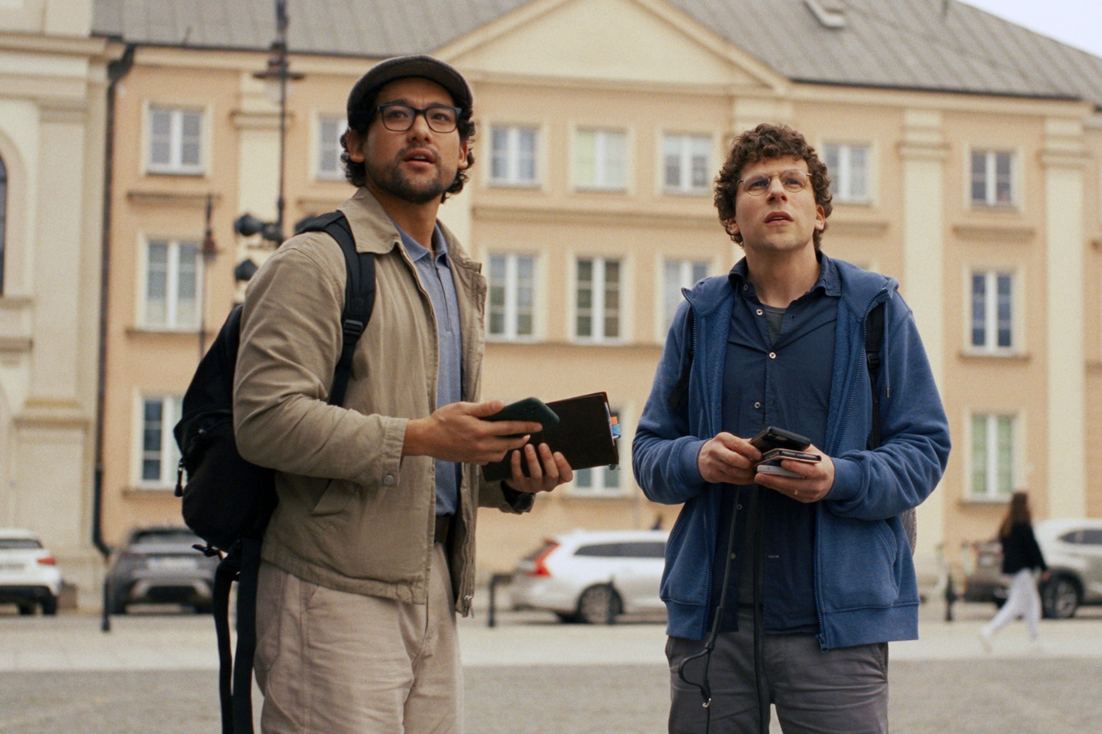 This image released by Searchlight Pictures shows Will Sharpe, left, and Jesse Eisenberg in a scene from "A Real Pain." (Searchlight Pictures via AP)