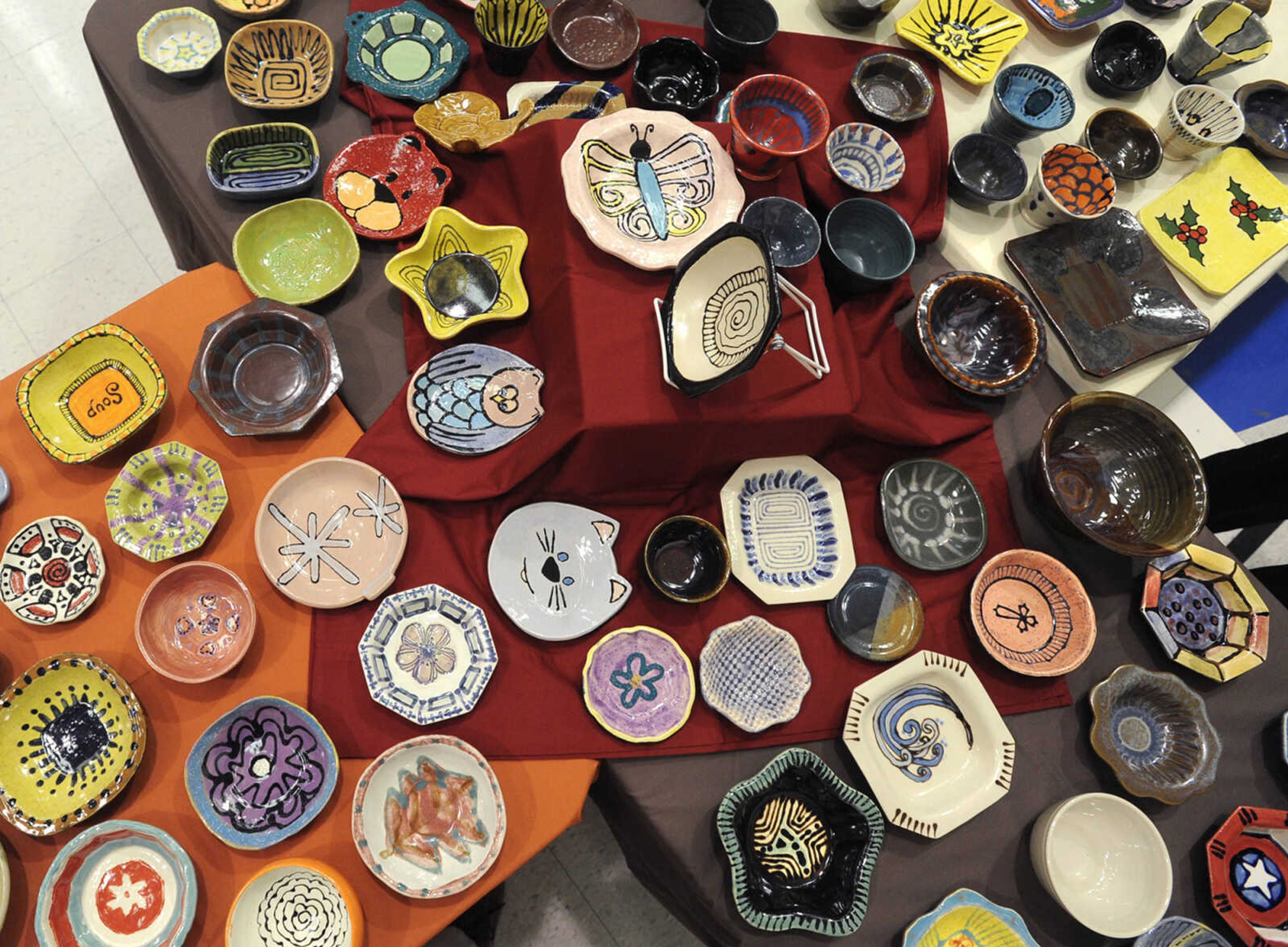 Handmade bowls await patrons at the ninth annual Empty Bowls Banquet on Sunday, Nov. 2, 2014 at the Salvation Army Worship and Community Center in Cape Girardeau.