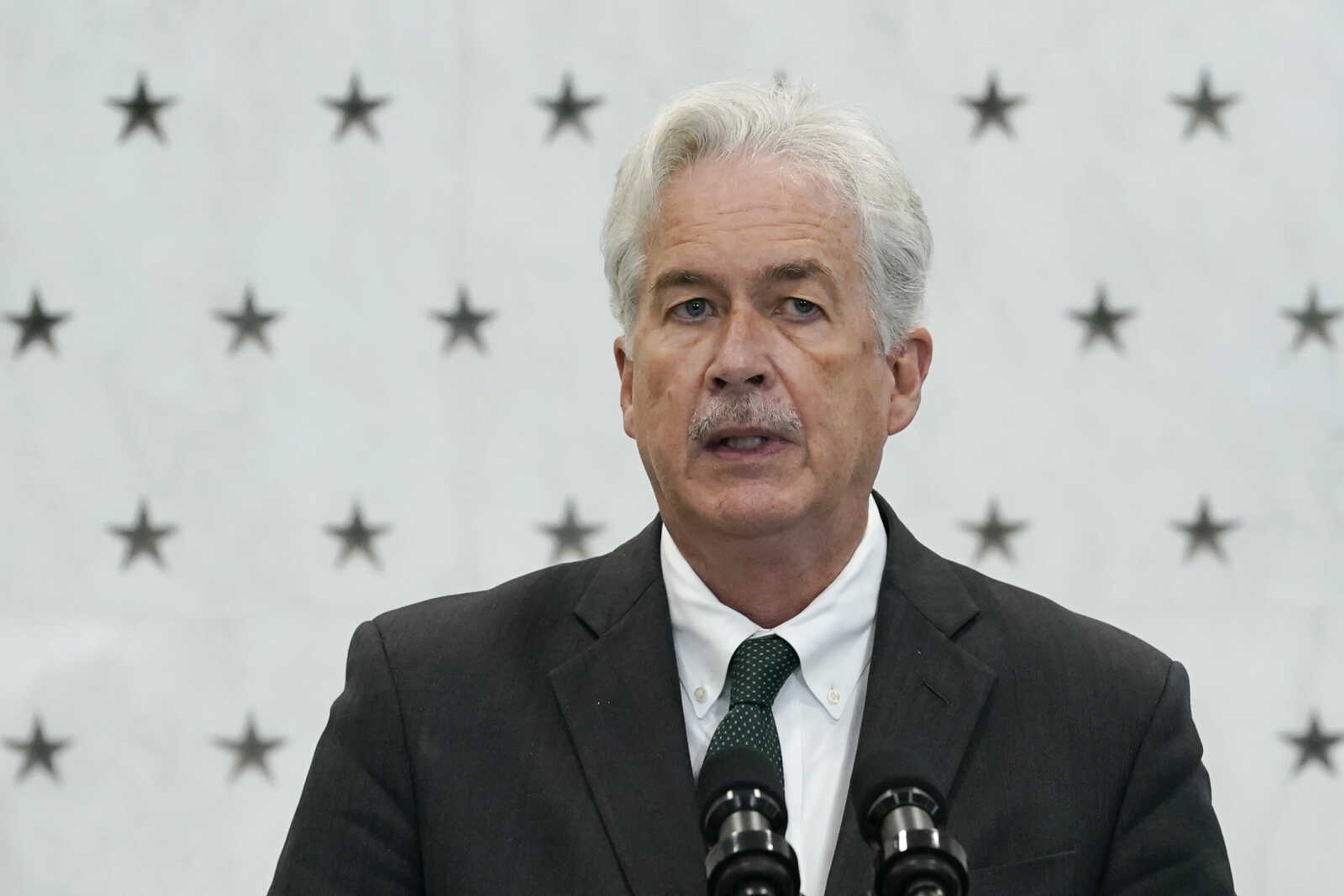 Central Intelligence Agency director William Burns speaks at the Central Intelligence Agency headquarters July 8 in Langley, Virginia. As the war in Ukraine enters its second year, Burns said Sunday that Russian President Vladimir Putin is being "too confident" in his military's ability to grind Ukraine into submission.