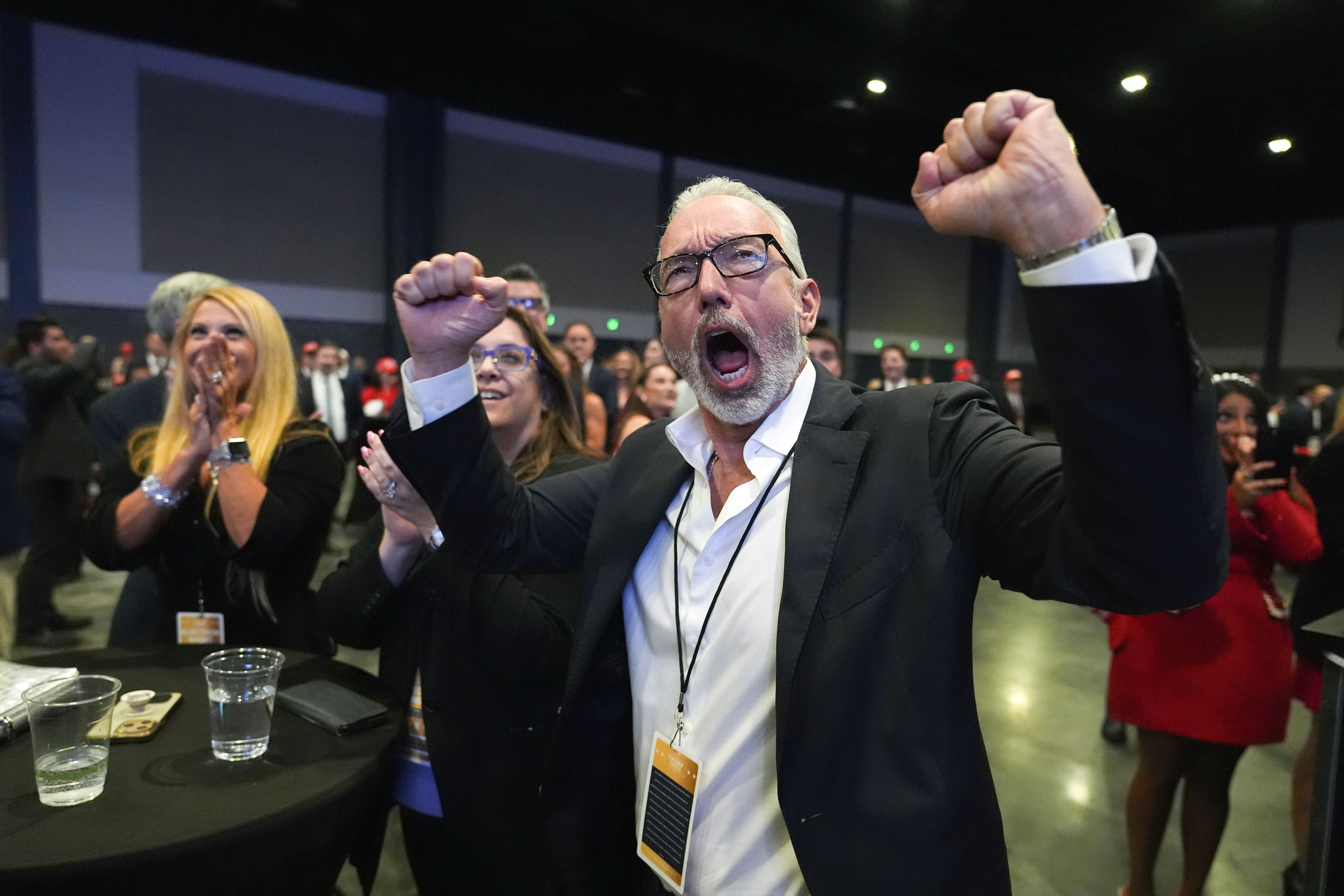 Matt Patella of Boca Raton, Fla., reacts to results during a watch party for Republican Presidential nominee former President Donald Trump at the Palm Beach County Convention Center during an election night watch party, Tuesday, Nov. 5, 2024, in West Palm Beach, Fla. (AP Photo/Lynne Sladky)