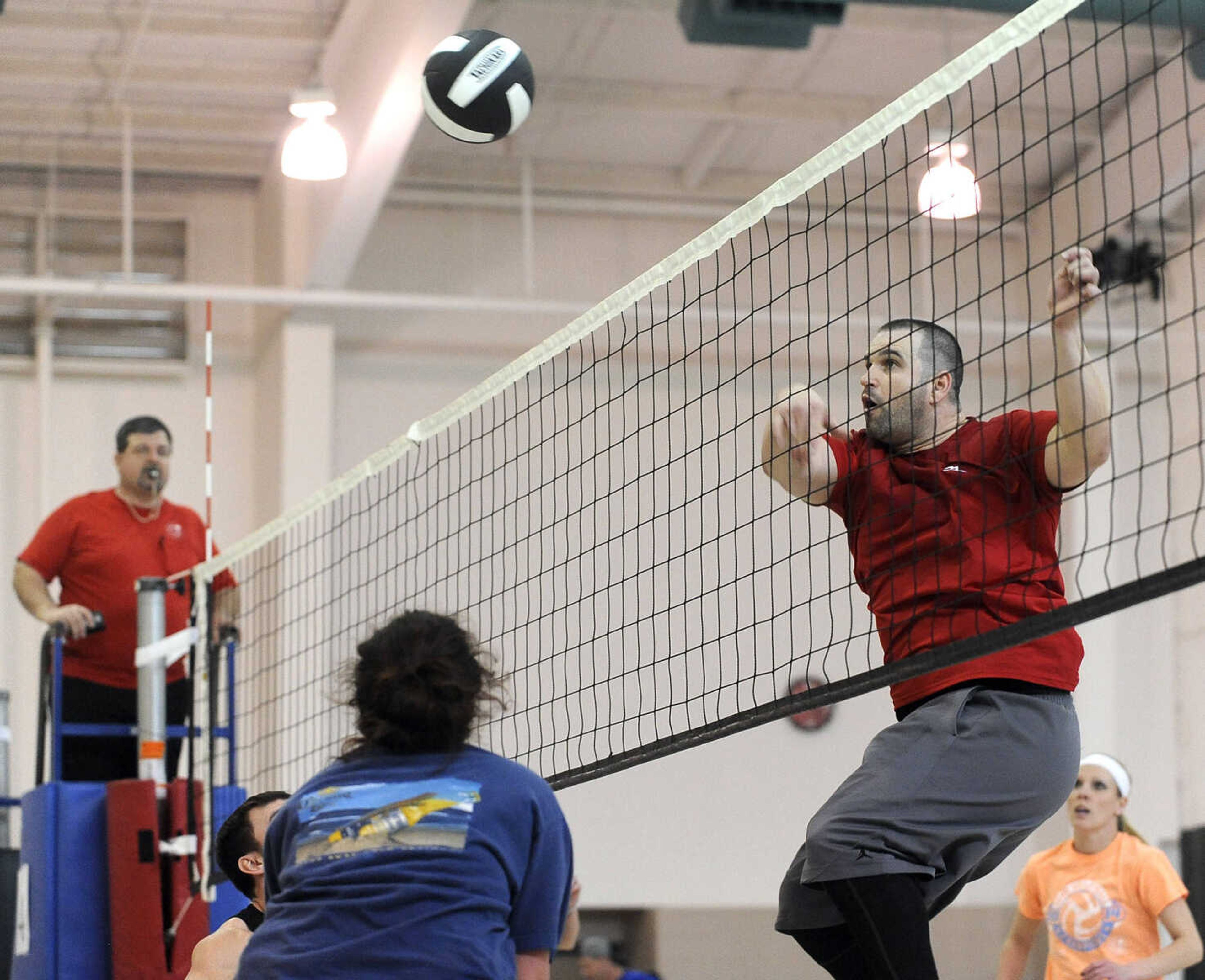 FRED LYNCH ~ flynch@semissourian.com
Josh Stephens of the Dead Frogs team hits a shot in the Osage Invitational Co-ed Volleyball Tournament Sunday, March 1, 2015 at the Osage Centre.