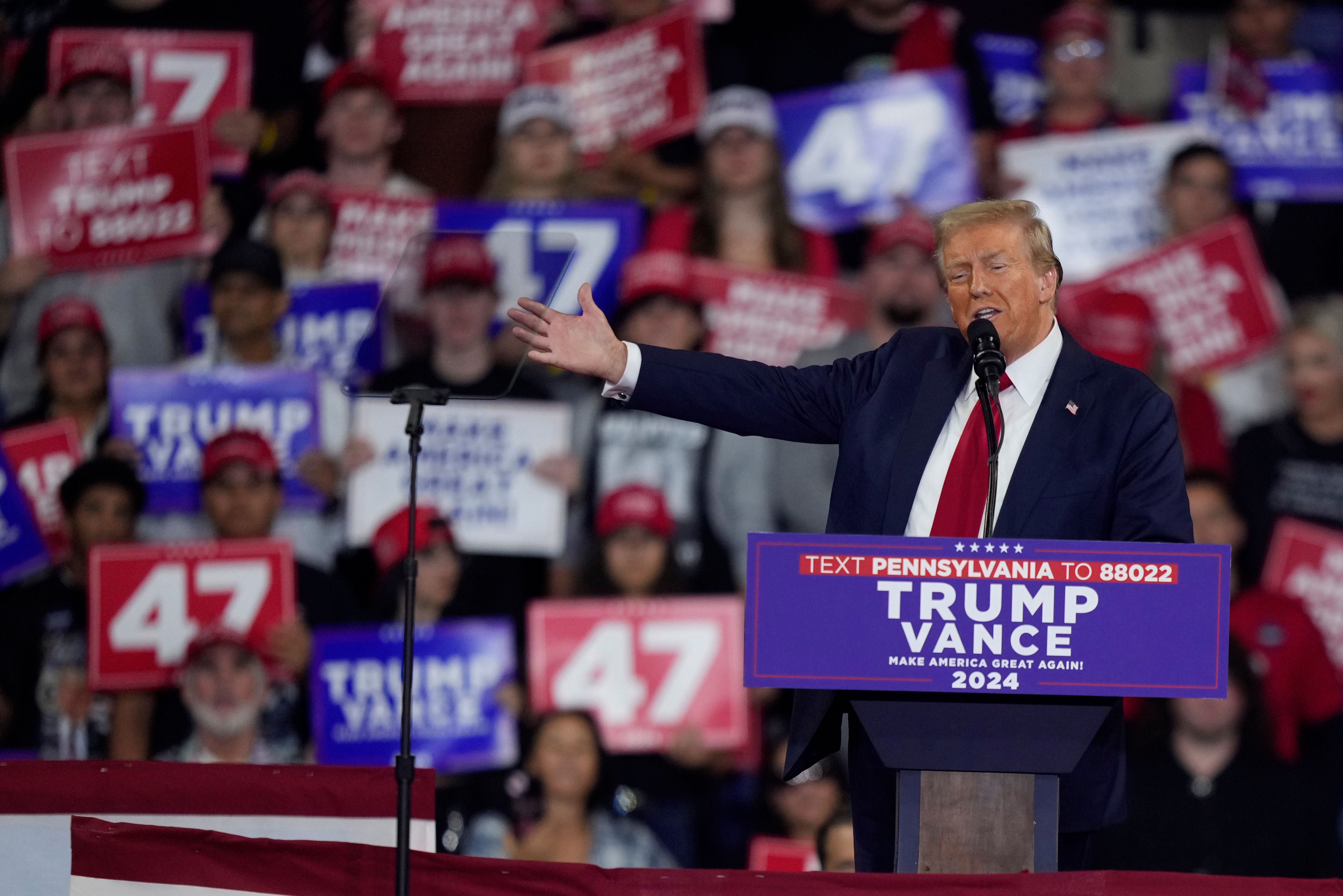 Republican presidential nominee former President Donald Trump speaks at a campaign rally at Santander Arena, Wednesday, Oct. 9, 2024, in Reading, Pa. (AP Photo/Matt Slocum)