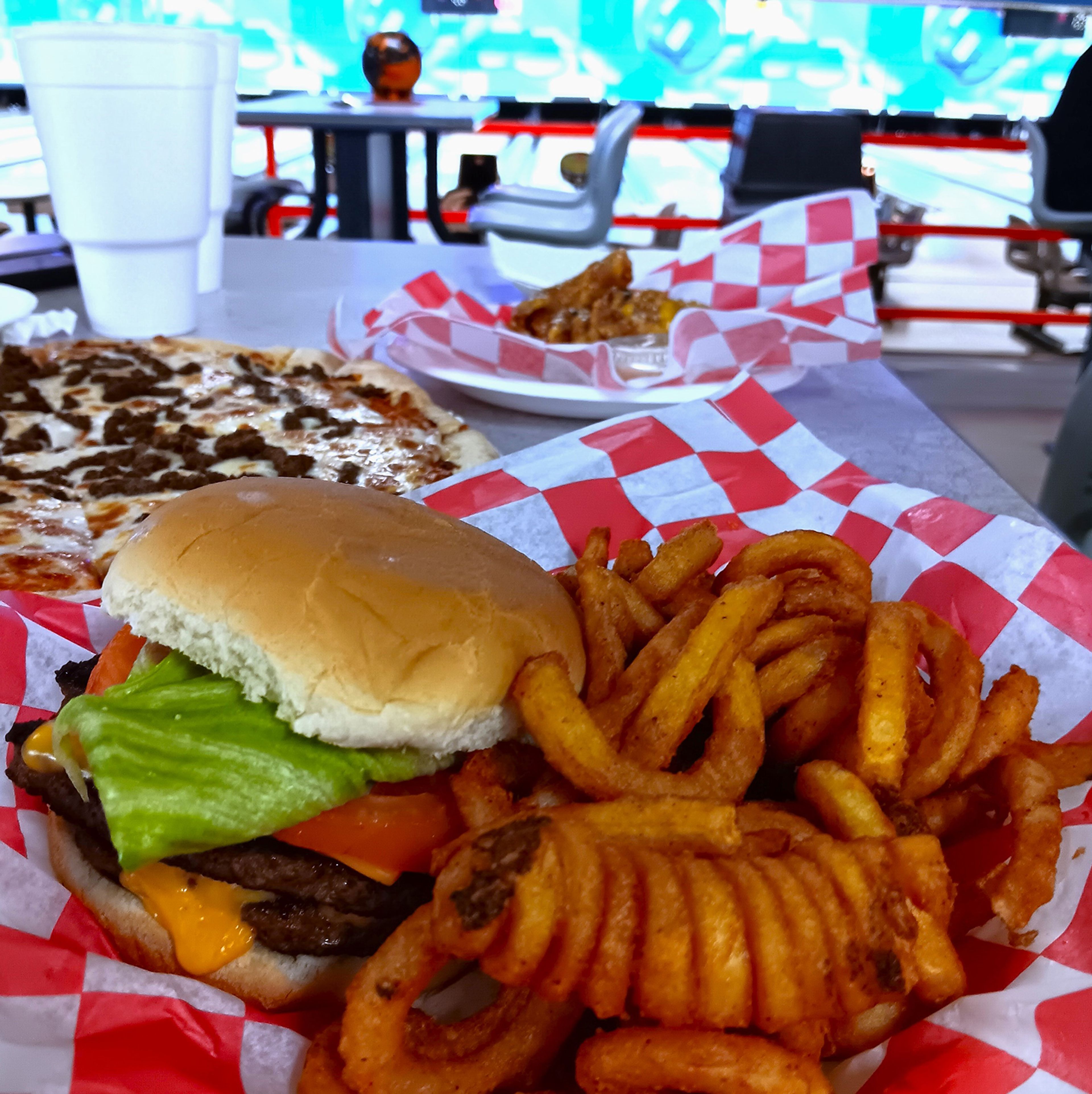 A surprisingly delicious burger from the bowling alley, with fresh toppings and a toasty bun, my favorite of the day.