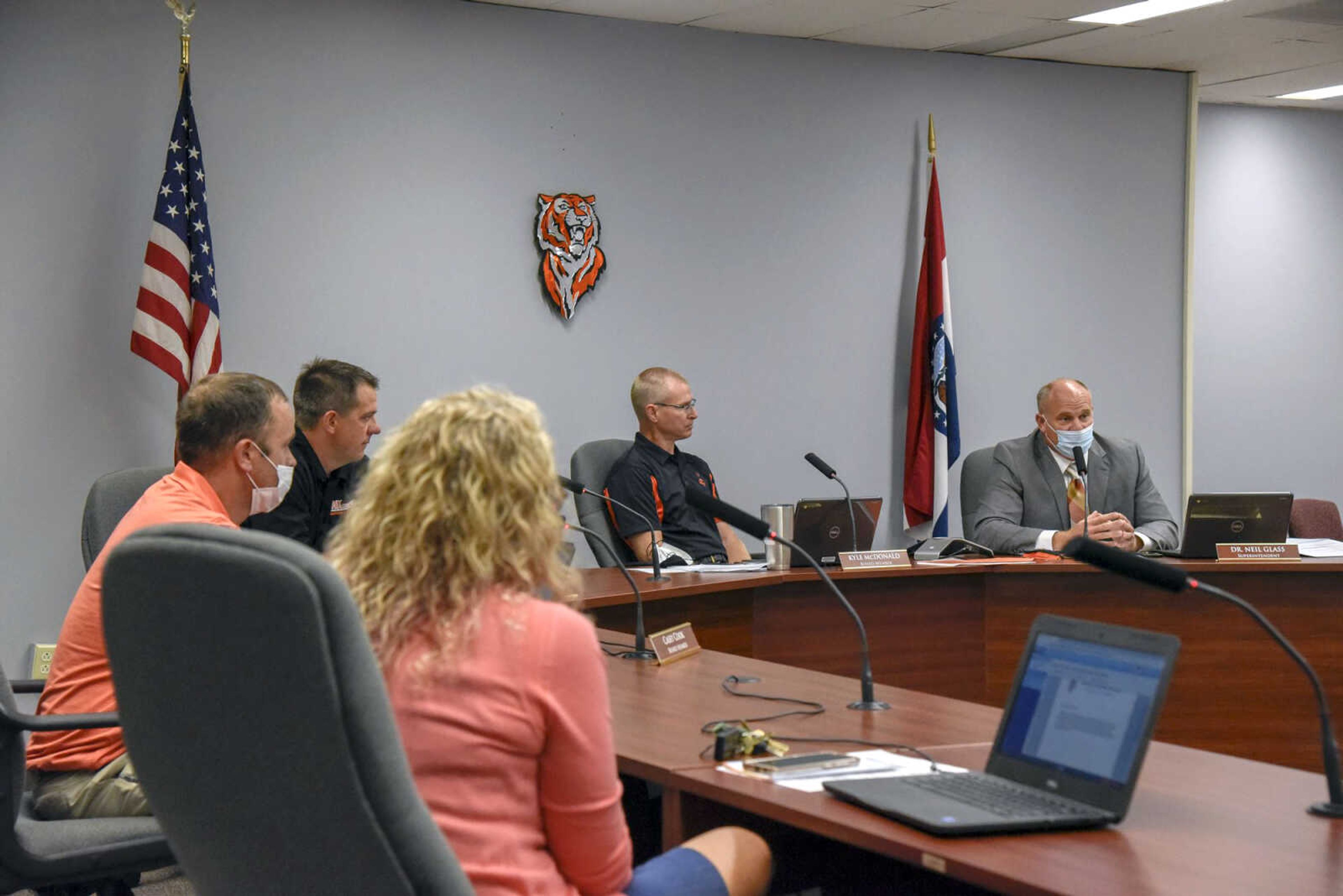 Superintendent Neil Glass speaks about maintaining the current mask and quarantine procedures for the immediate future during a Cape Girardeau School District board meeting Monday at the district's office in Cape Girardeau.