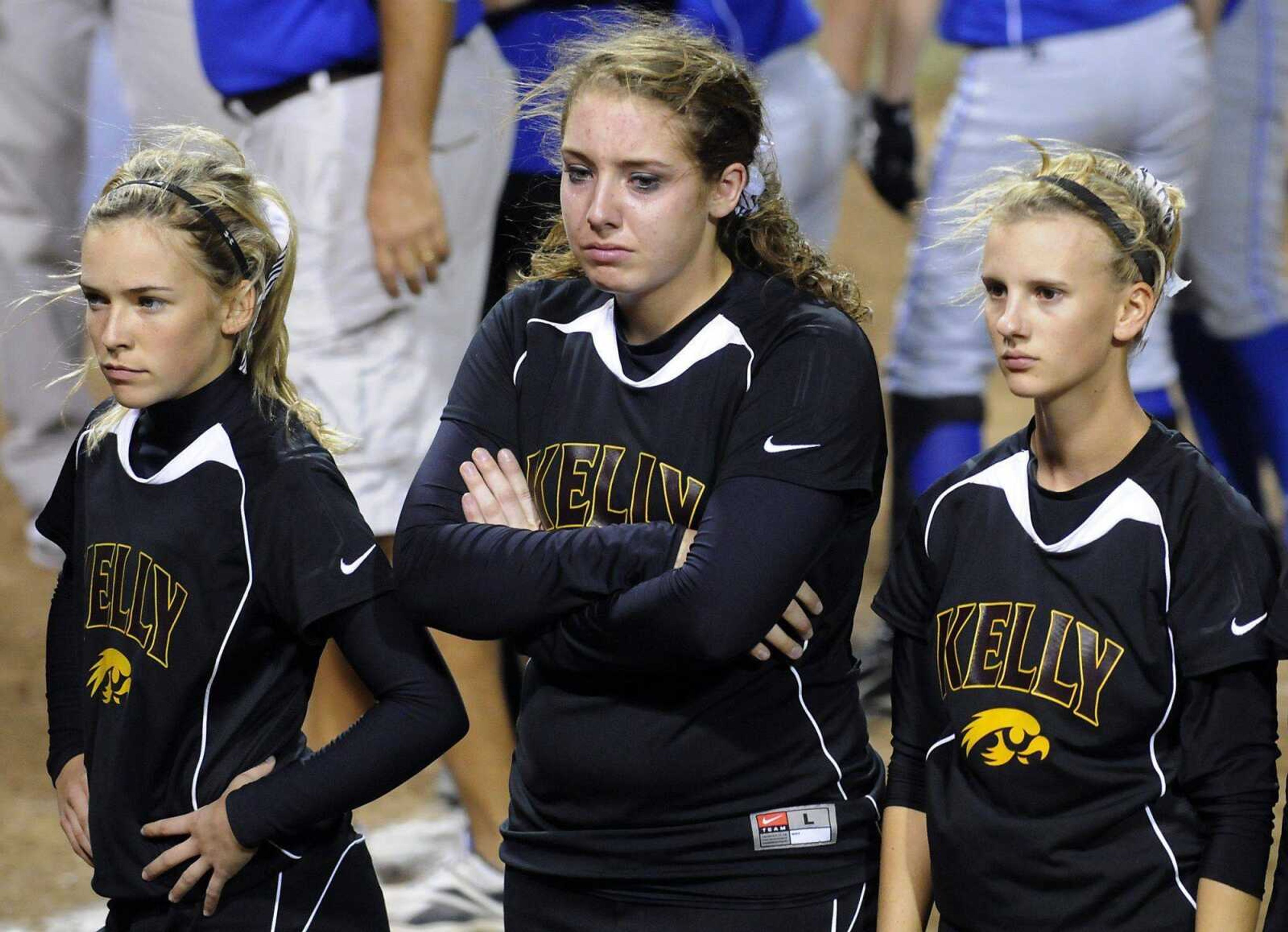 Kelly's Jade Rampley, from left, Kristen Vetter and Haley Glastetter react to the team's loss to Brookfield in the Class 2 third-place game Friday in Springfield, Mo. (Kristin Eberts)