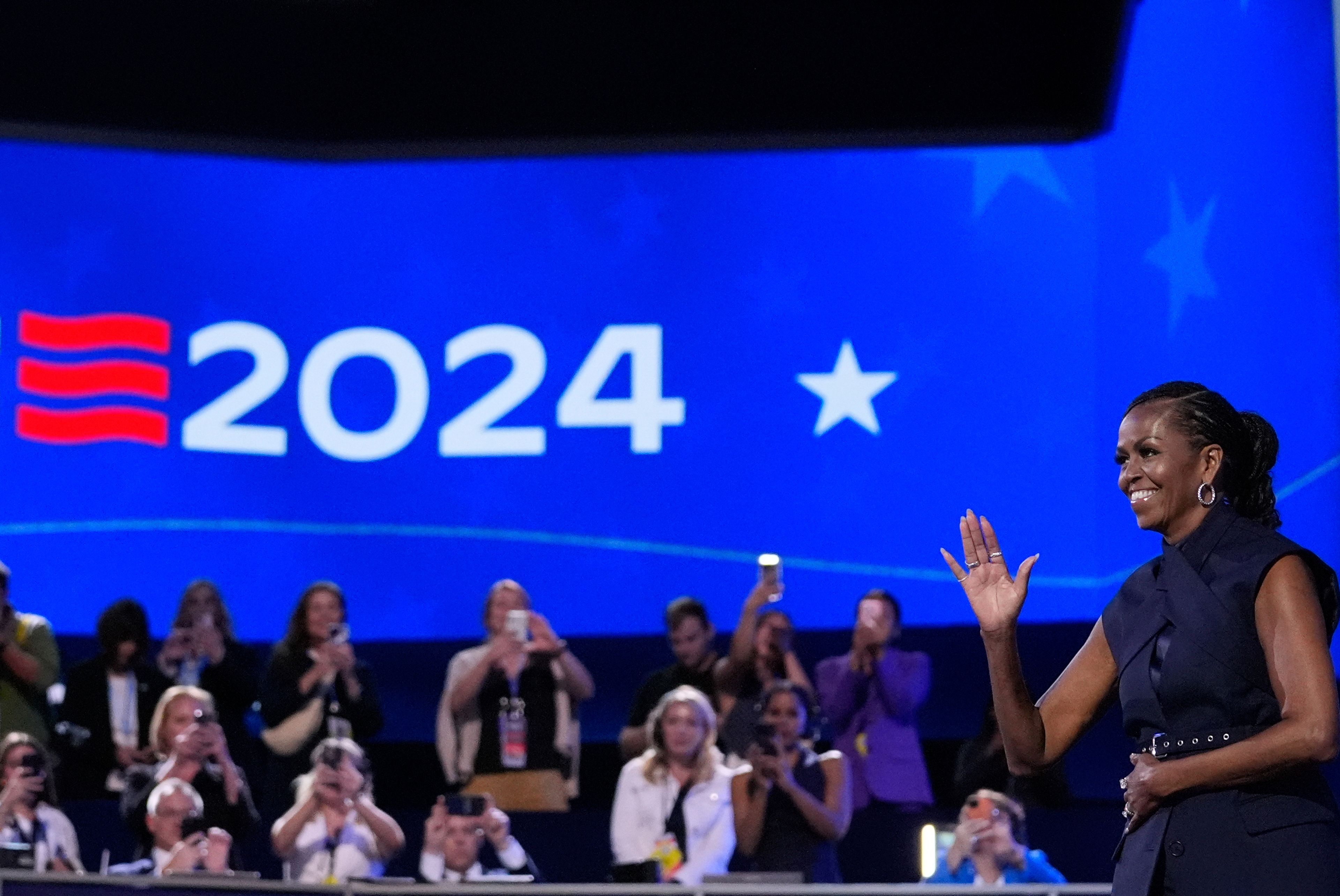 Former first lady Michelle Obama speaks during the Democratic National Convention Tuesday, Aug. 20, 2024, in Chicago. (AP Photo/Brynn Anderson)