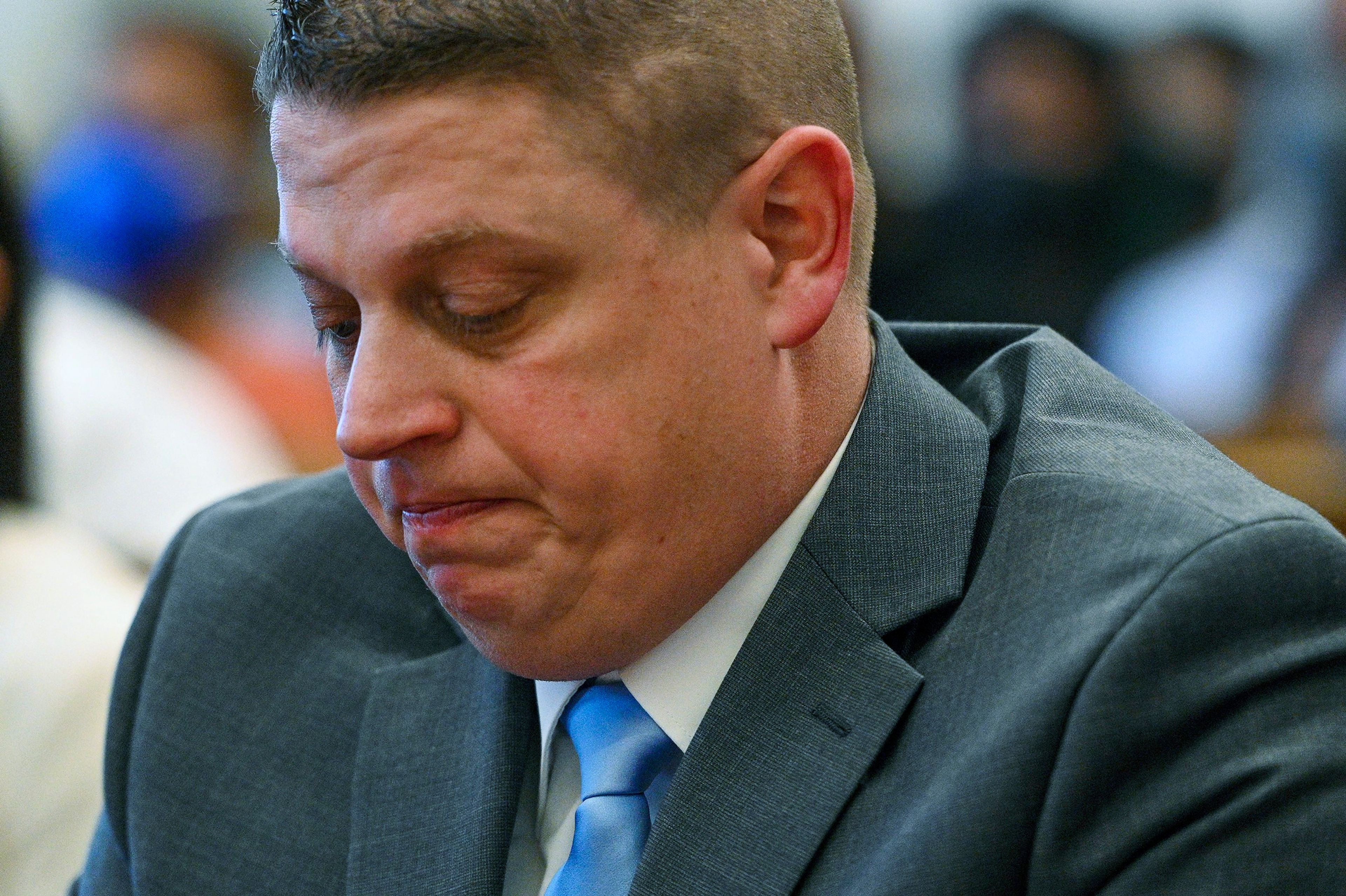 FILE - Former Kansas City police detective Eric DeValkenaere listens to witness statements during his sentencing hearing, March 4, 2022 in Kansas City, Mo. The Missouri Supreme Court on Tuesday, March 5, 2024 declined to hear an appeal by DeValkenaere, who is serving a six-year sentence for fatally shooting Cameron Lamb in 2019. (Jill Toyoshiba/The Kansas City Star via AP, File)