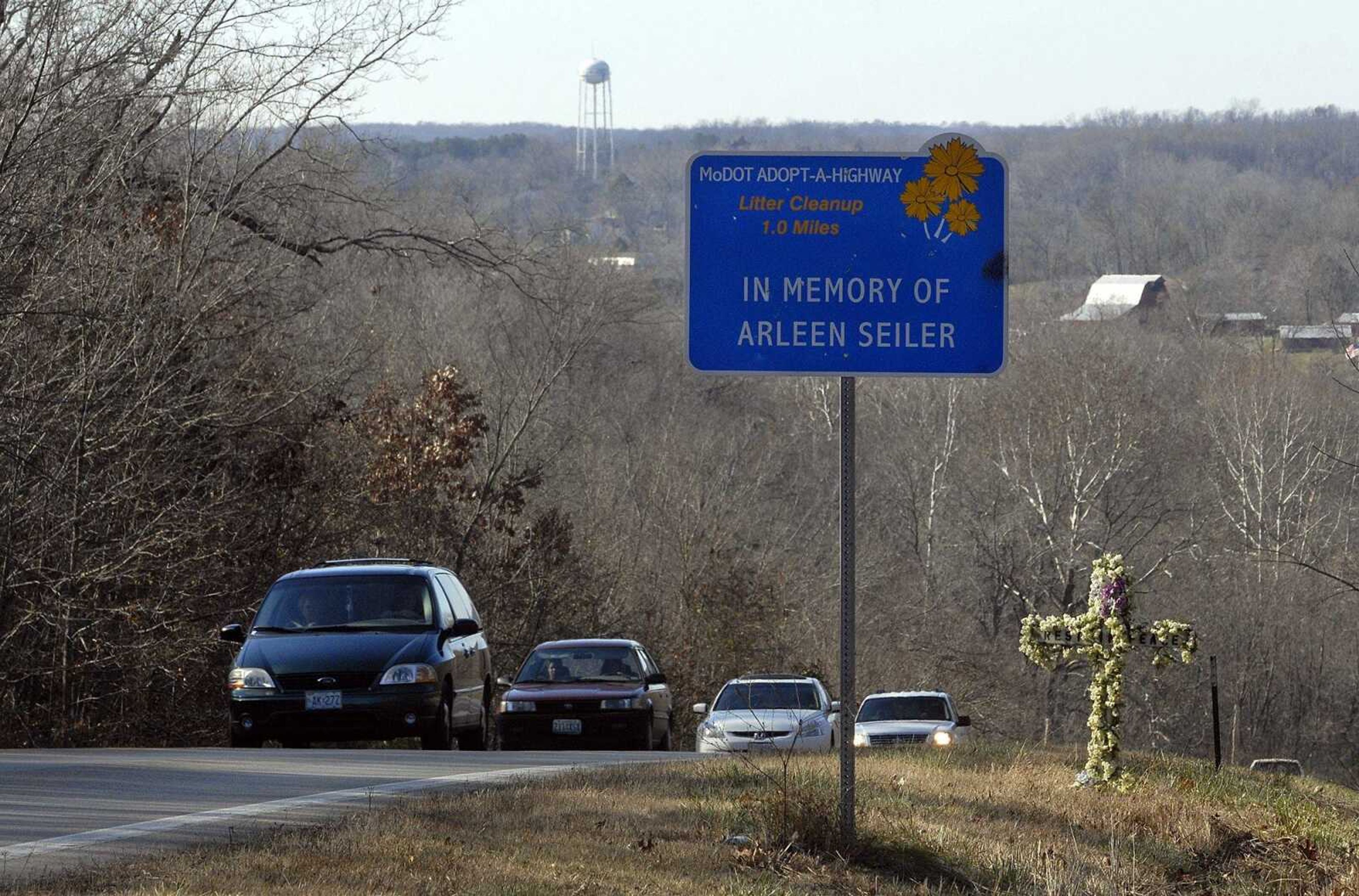 In this file photo, motorists driving from Marble Hill reach the crest of a hill on Highway 34, just west of County Road 402. A roadside memorial is situated just below Hahn Chapel. (Fred Lynch)