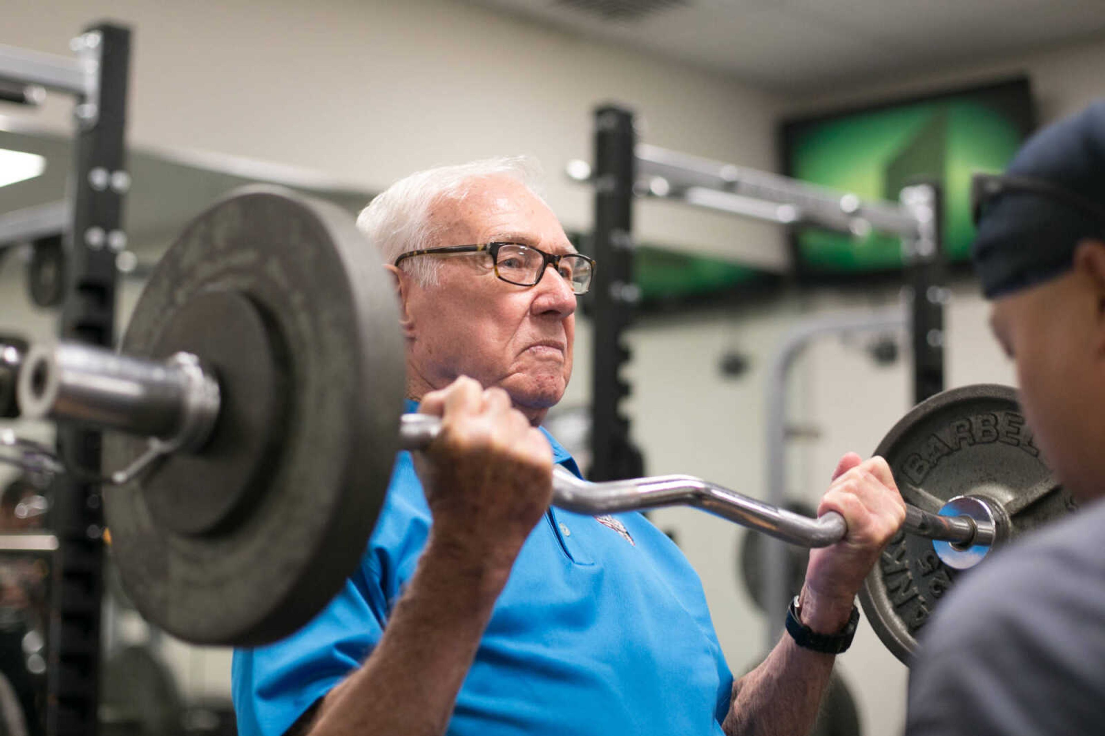 GLENN LANDBERG ~ glandberg@semissourian.com

Jim Krull, performs an arm curl rep during the weightlifting portion of the Southeast Missouri Senior Games in Perryville, Missouri Wednesday, Aug. 19, 2015.