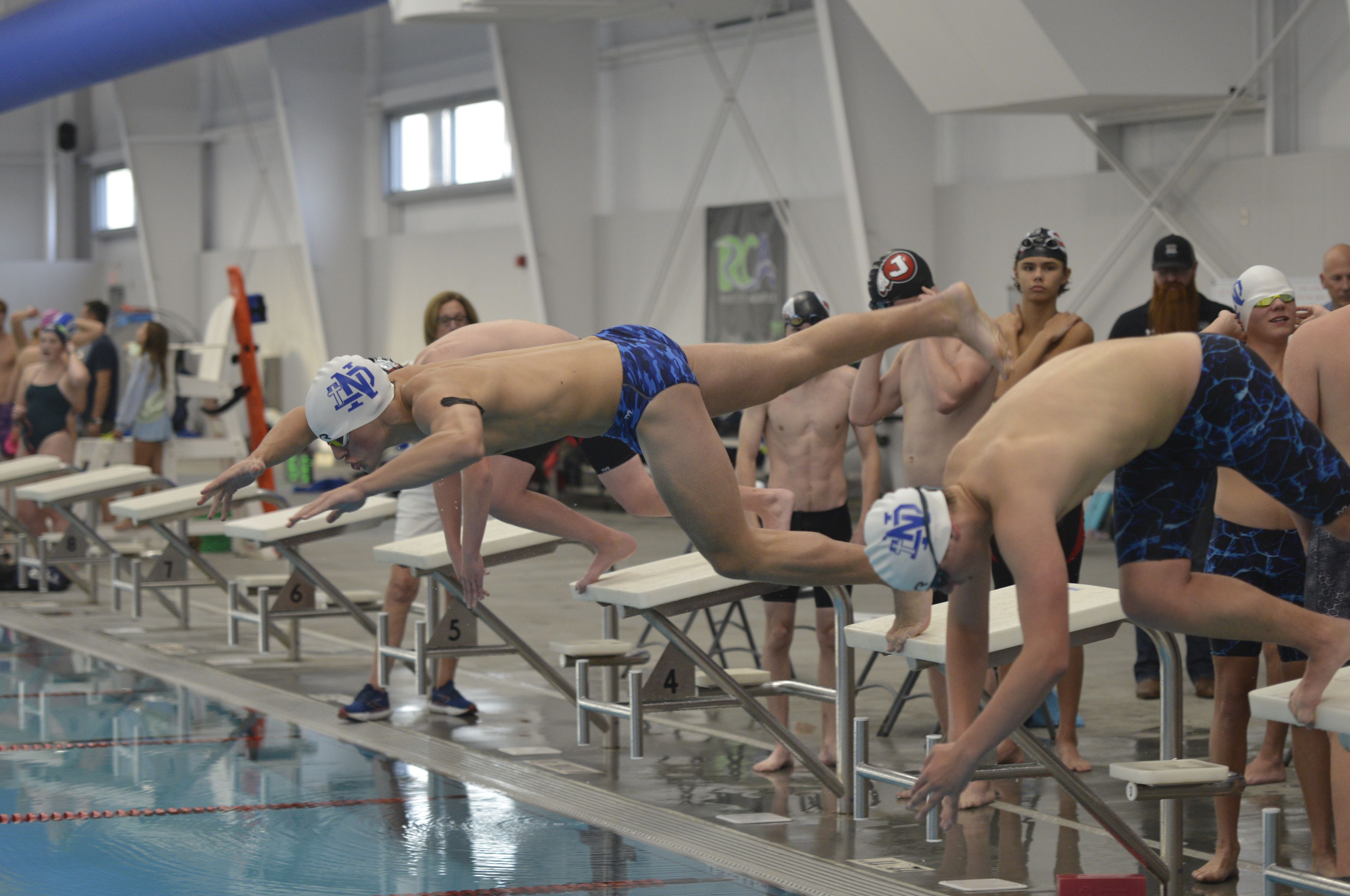 Notre Dame's Hudson Dennis dives to start a race against Jackson on Monday, Oct. 28, at the Cape Aquatic Center.