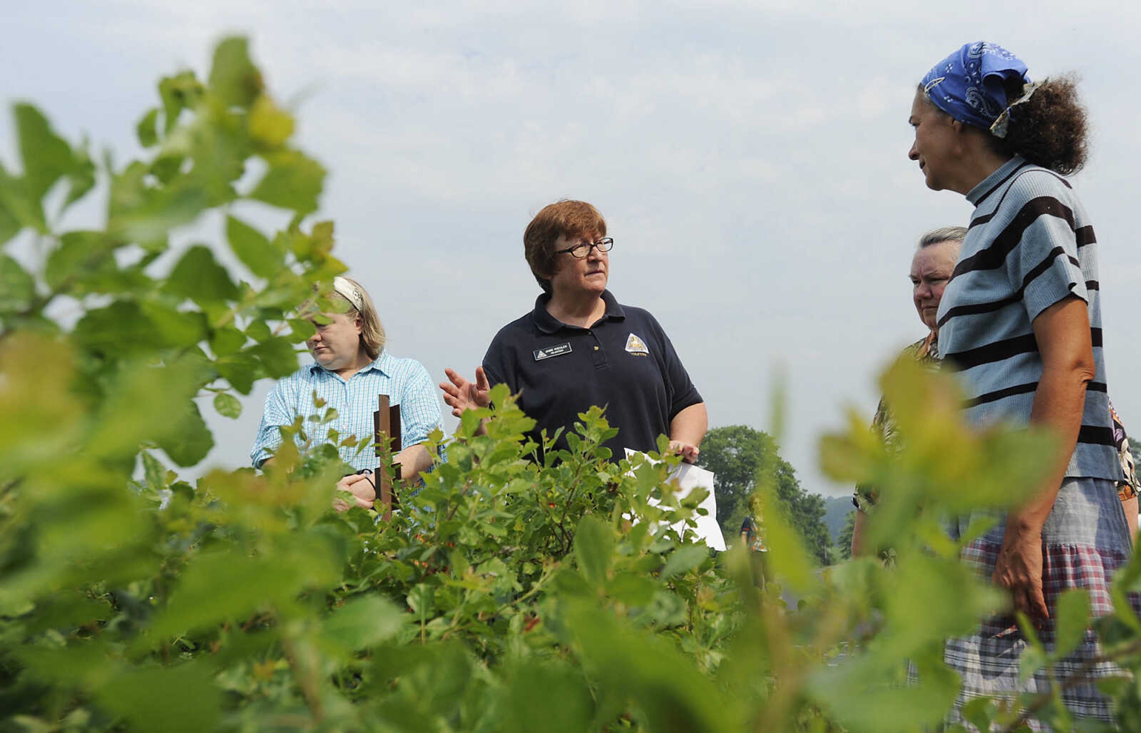 Volunteer Jamie Koehler, second from the left, leads a group through the garden at the Cape Girardeau Conservation Nature Center during the Garden Tea Party Saturday, June 22, at the nature center located at 2289 County Park Drive in Cape Girardeau. Koehler showed attendees several plants native to Missouri that can be used to make teas before taking them back to the center's patio for a tea party featuring food and drink made from native plants. The party was one of several educational events being held at the center this summer including the Outdoor Adventure Camp, Tuesday, June 25 to Wednesday, June 26, Dutch Oven Drop-by and Tools of the past, Saturday, June 29, Wild Edibles, Saturday, July 6, Gone Frogging, Friday, July 19, and Fishing 101 Saturday, July 27. More information on these and other events can be found on the center's website http://mdc.mo.gov/node/297