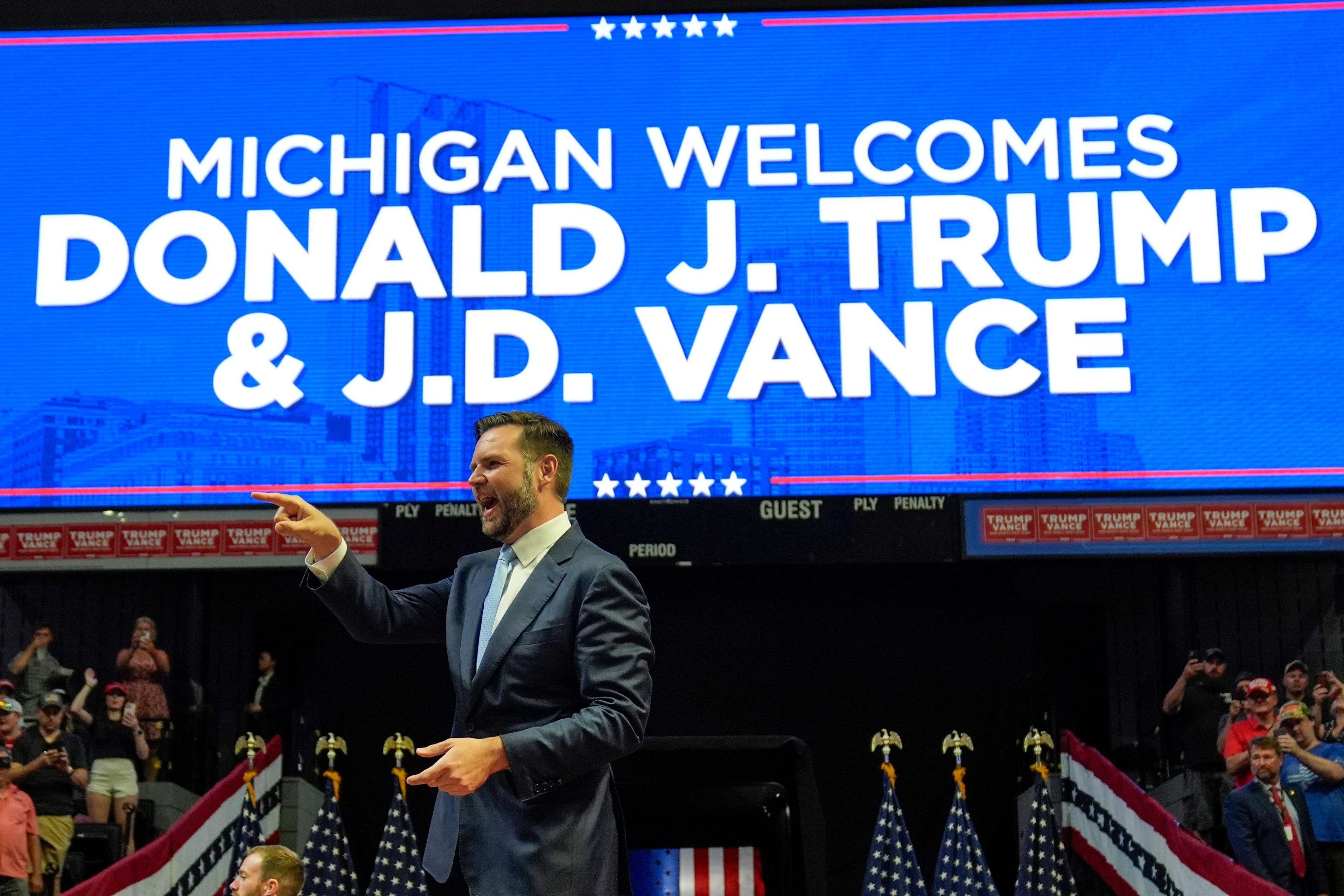 Republican vice presidential candidate Sen. JD Vance, R-Ohio, arrives to speak before Republican presidential candidate former President Donald Trump at a campaign rally, Saturday, July 20, 2024, in Grand Rapids, Mich. (AP Photo/Evan Vucci)