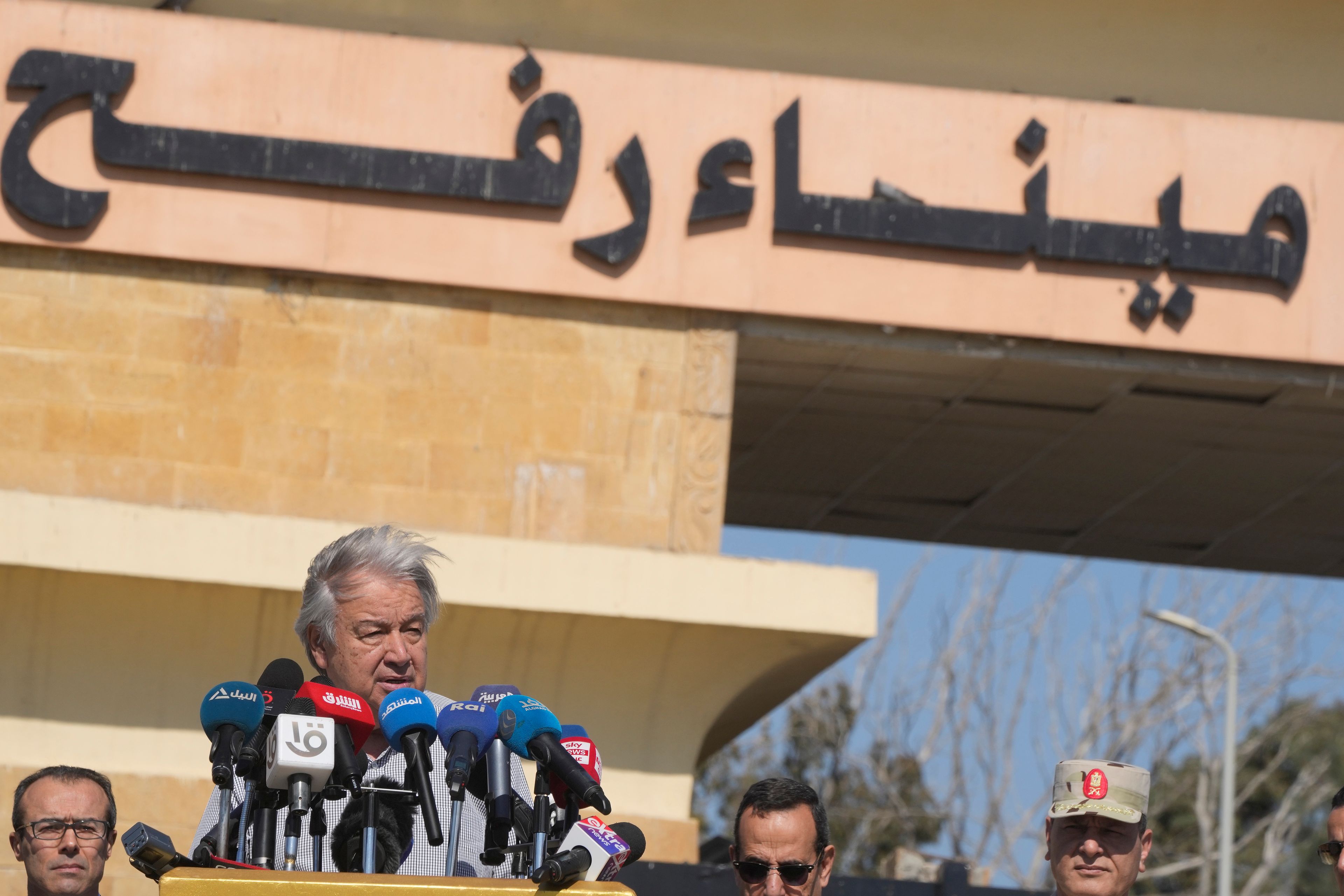 FILE - United Nations Secretary General Antonio Guterres speaks at the Rafah border crossing between Egypt and the Gaza Strip, after visiting it, on Saturday, March 23, 2024. (AP Photo/Amr Nabil, File)