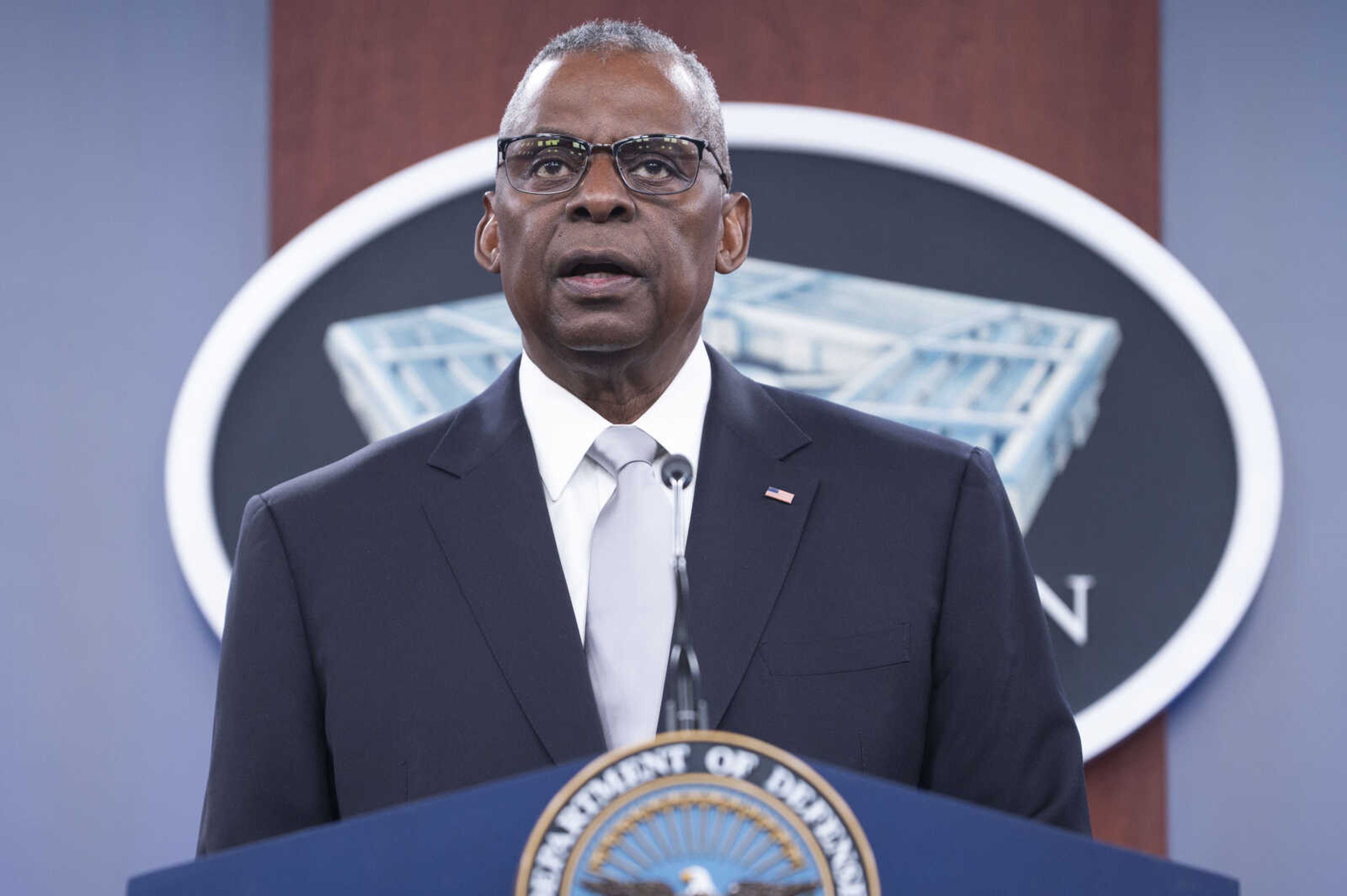 FILE - Defense Secretary Lloyd Austin speaks during a Pentagon press briefing at the Pentagon on Feb. 1, 2024 in Washington. Austin is expected to face Congress publicly for the first time this week to explain his failure to quickly notify the president and other senior leaders about his hospitalization last month for complications from prostate cancer surgery.(AP Photo/Kevin Wolf, File)